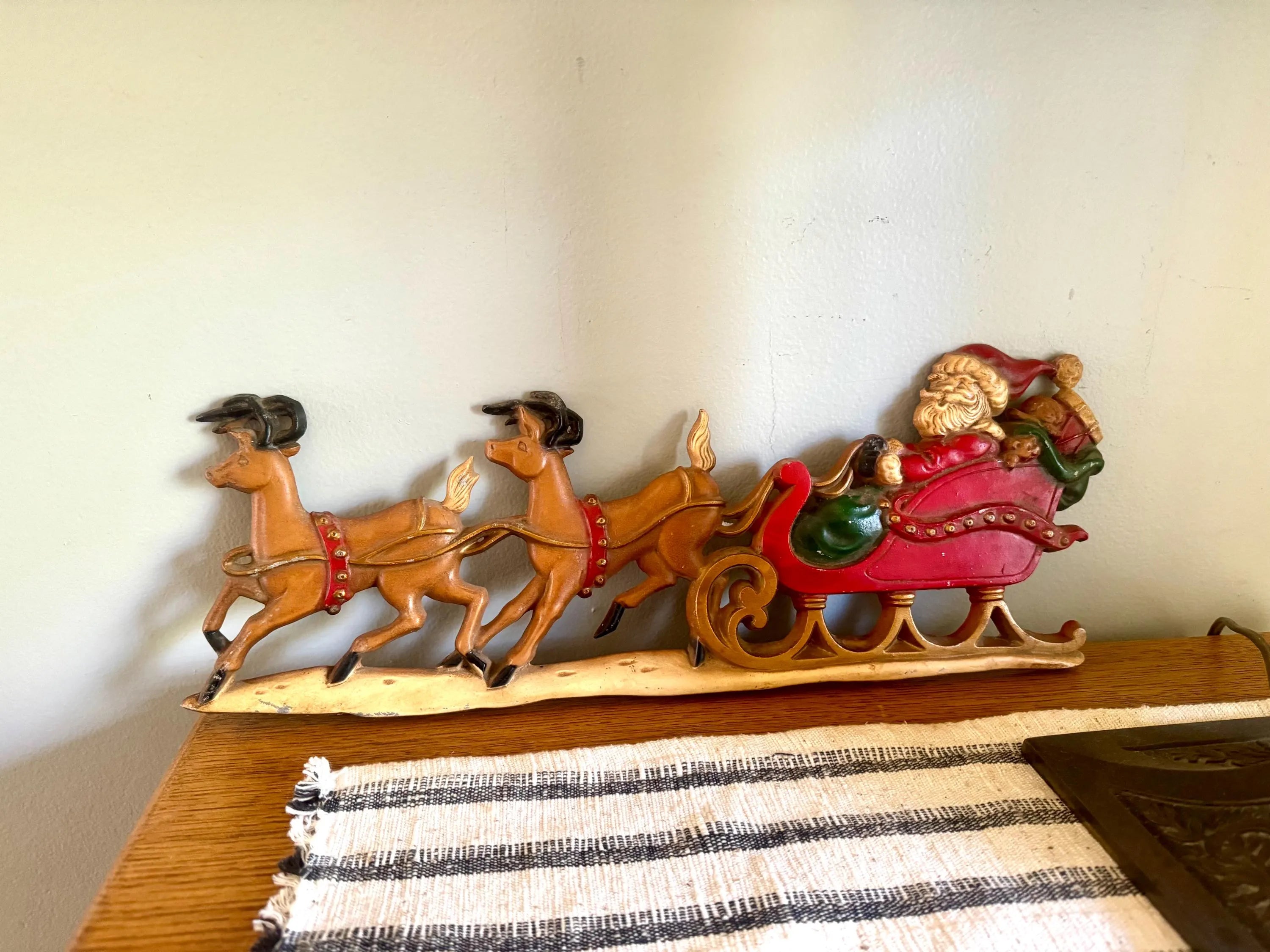 Vtg Cast Aluminum Santa and Reindeer Wall Hanging | Sexton Aluminum Santa Clause and Two Reindeer Door Hanging | Holiday Decor