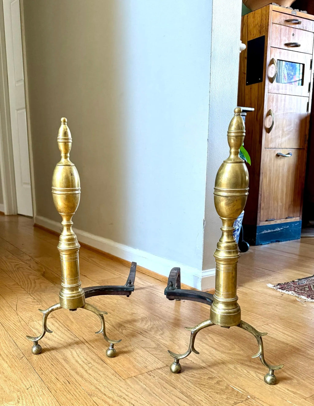 Antique Brass Federal Andirons | Distressed Brass Andirons | Pair Of Rustic Andirons | Patina Brass Firedogs | Brushed Brass Andirons