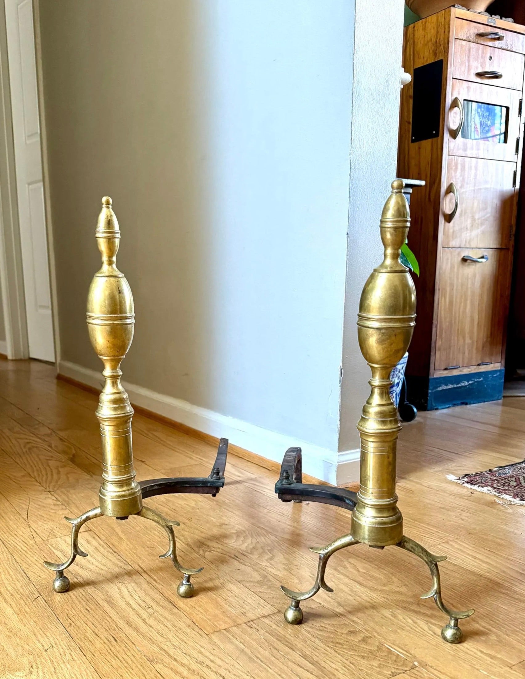 Antique Brass Federal Andirons | Distressed Brass Andirons | Pair Of Rustic Andirons | Patina Brass Firedogs | Brushed Brass Andirons
