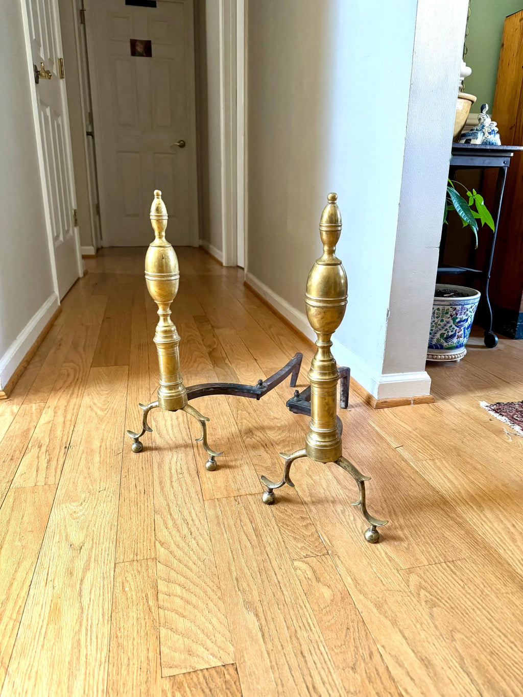 Antique Brass Federal Andirons | Distressed Brass Andirons | Pair Of Rustic Andirons | Patina Brass Firedogs | Brushed Brass Andirons