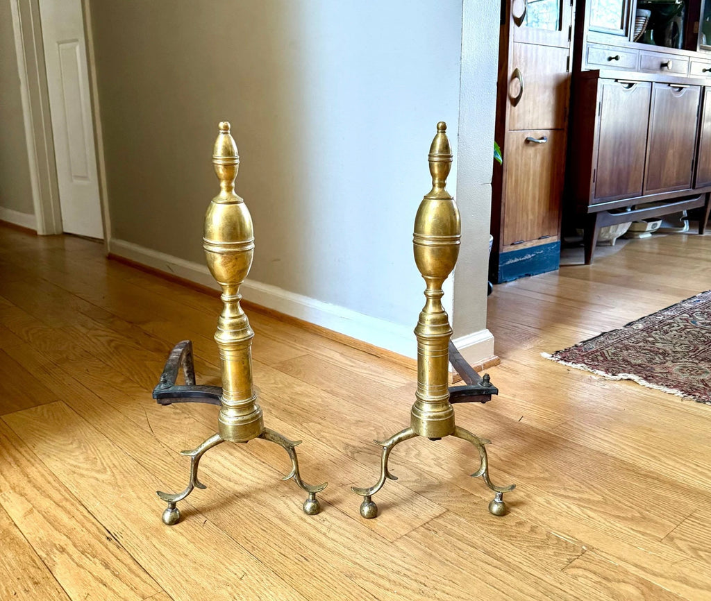 Antique Brass Federal Andirons | Distressed Brass Andirons | Pair Of Rustic Andirons | Patina Brass Firedogs | Brushed Brass Andirons