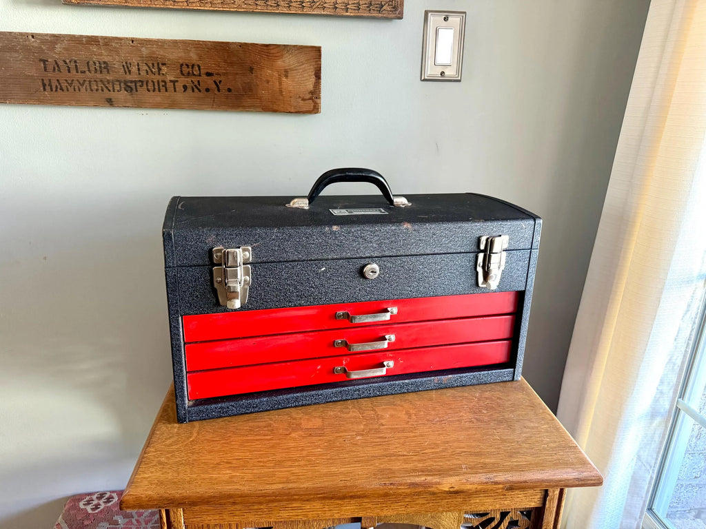 Vtg Heavy Penncraft Tool Box | Black and Red Penncraft Tool Box | Heavy Duty Toolbox With 3 Locking Drawers | Machinist Toolbox