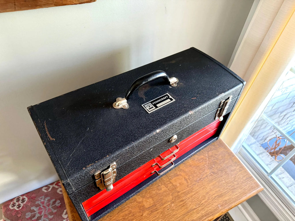 Vtg Heavy Penncraft Tool Box | Black and Red Penncraft Tool Box | Heavy Duty Toolbox With 3 Locking Drawers | Machinist Toolbox