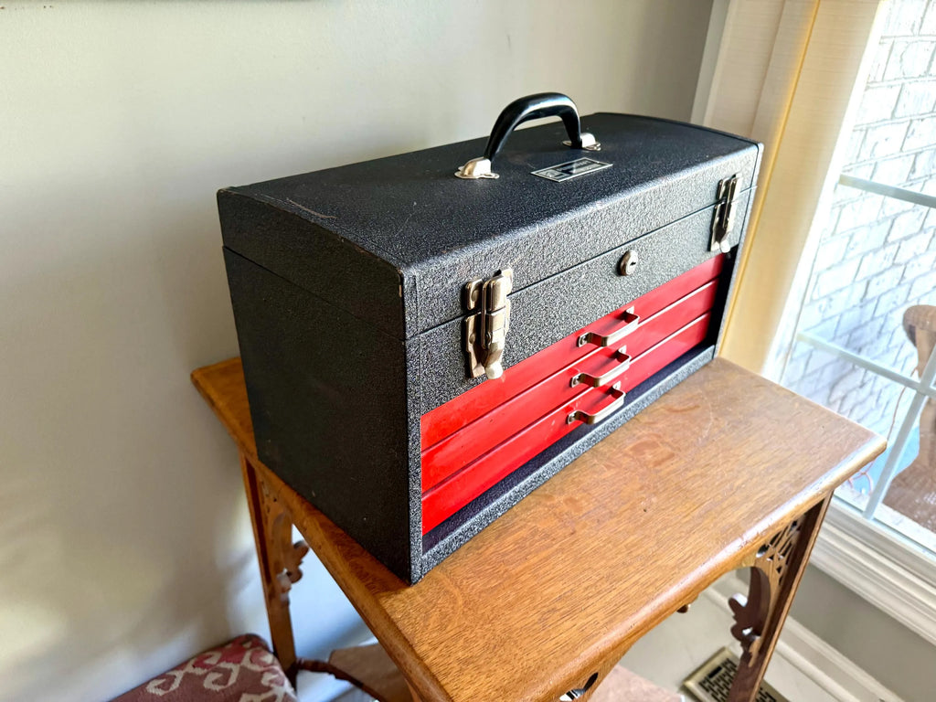 Vtg Heavy Penncraft Tool Box | Black and Red Penncraft Tool Box | Heavy Duty Toolbox With 3 Locking Drawers | Machinist Toolbox
