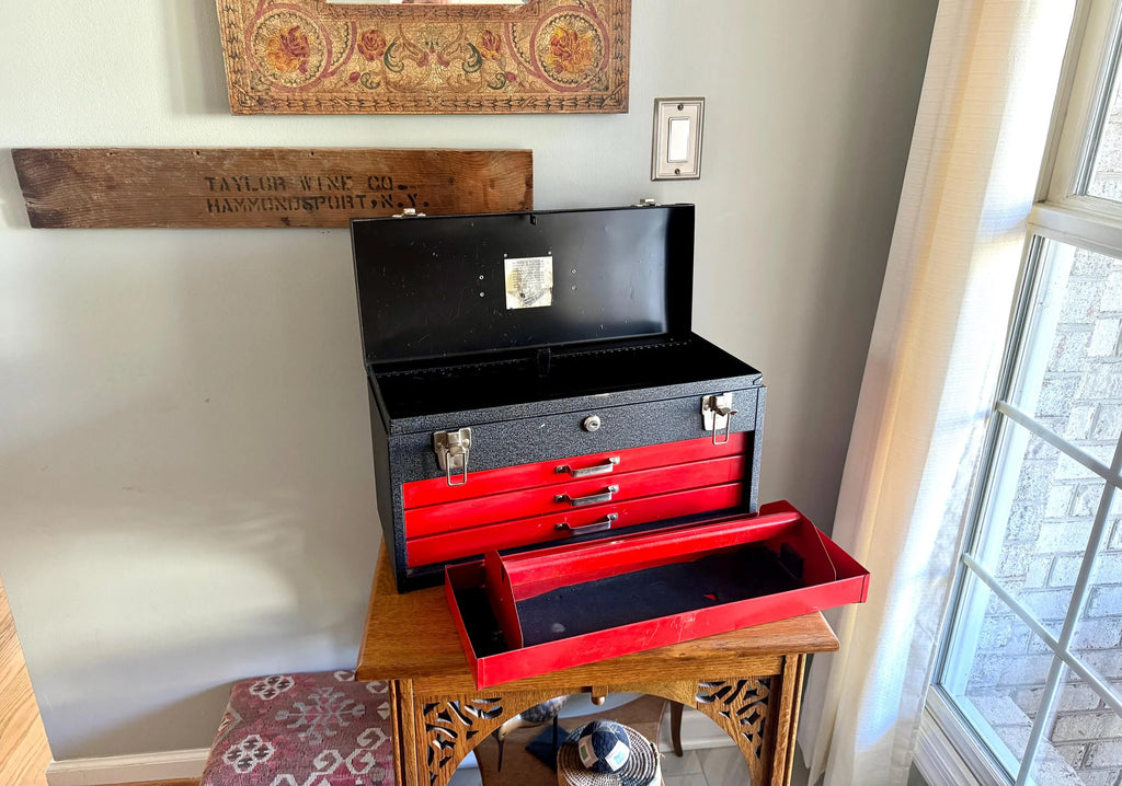 Vtg Heavy Penncraft Tool Box | Black and Red Penncraft Tool Box | Heavy Duty Toolbox With 3 Locking Drawers | Machinist Toolbox