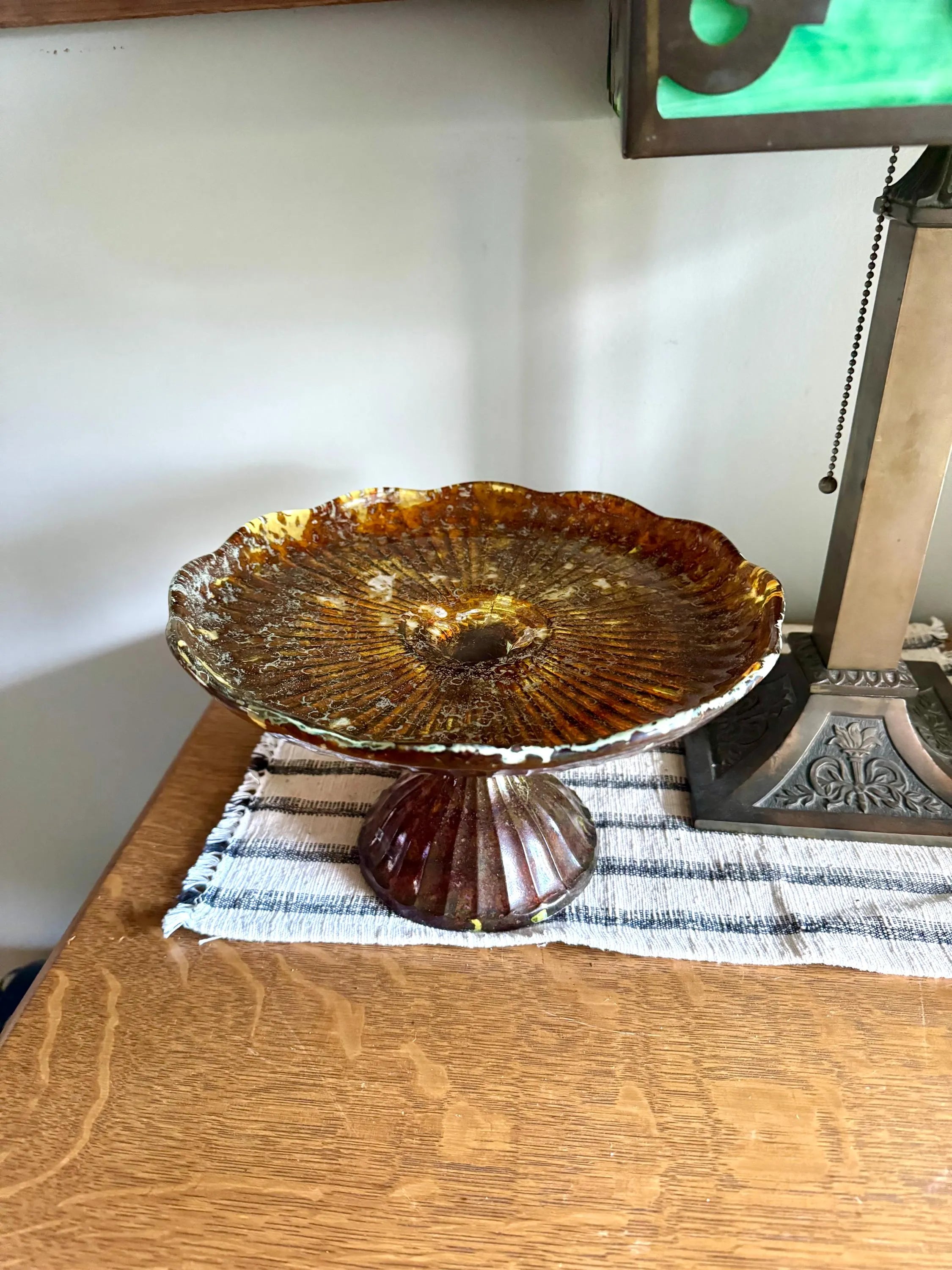 Vtg Polish Glass Cake Stand | Large Marbled Amber Glass Pedestal Cake Stand | Unique Amber Glass Cake Display | Made In Poland