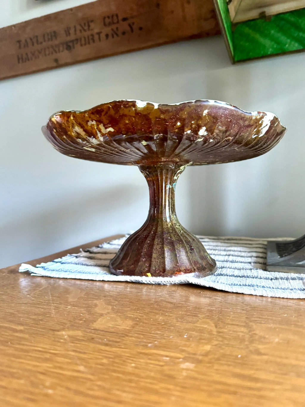 Vtg Polish Glass Cake Stand | Large Marbled Amber Glass Pedestal Cake Stand | Unique Amber Glass Cake Display | Made In Poland