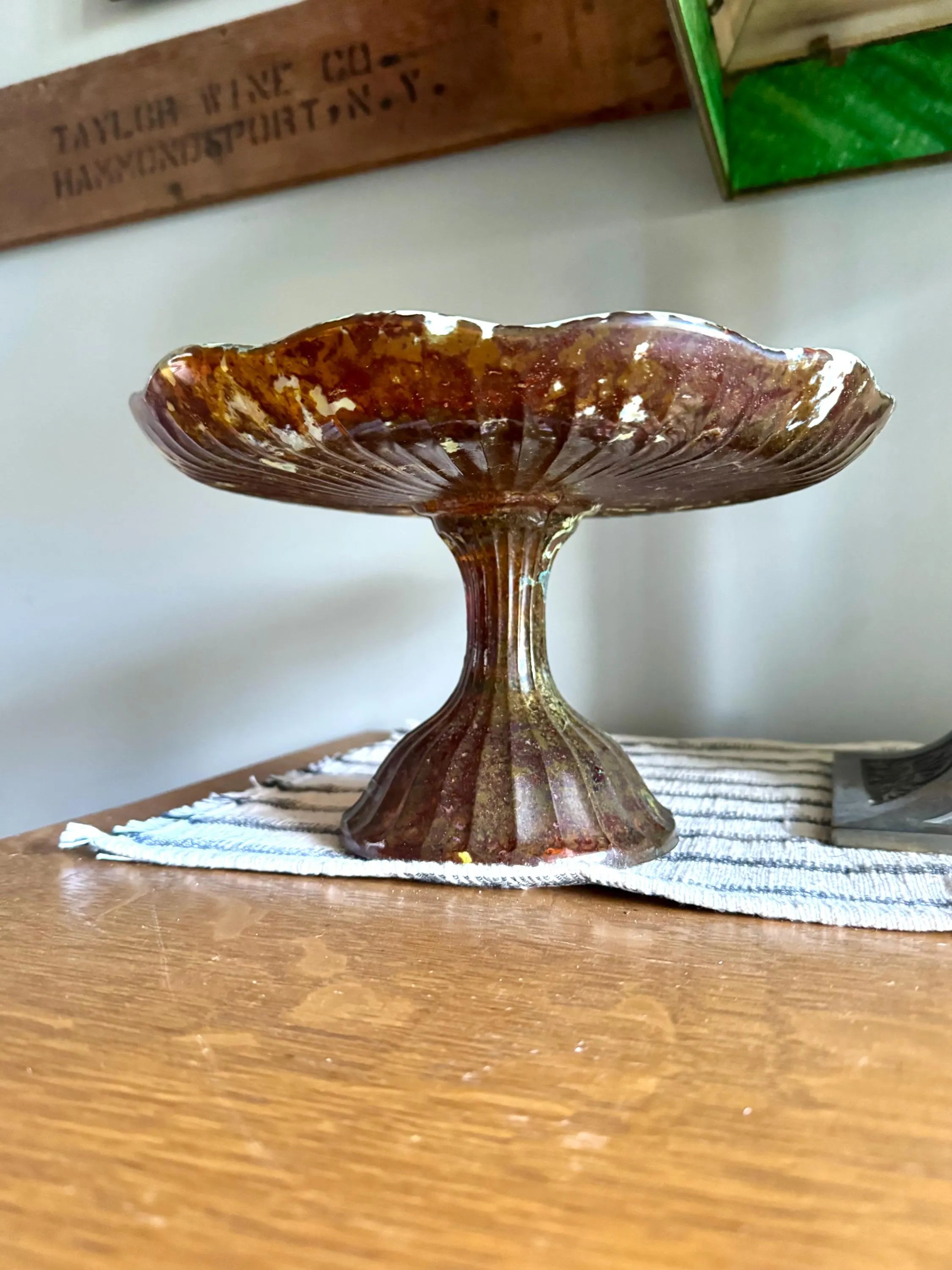 Vtg Polish Glass Cake Stand | Large Marbled Amber Glass Pedestal Cake Stand | Unique Amber Glass Cake Display | Made In Poland