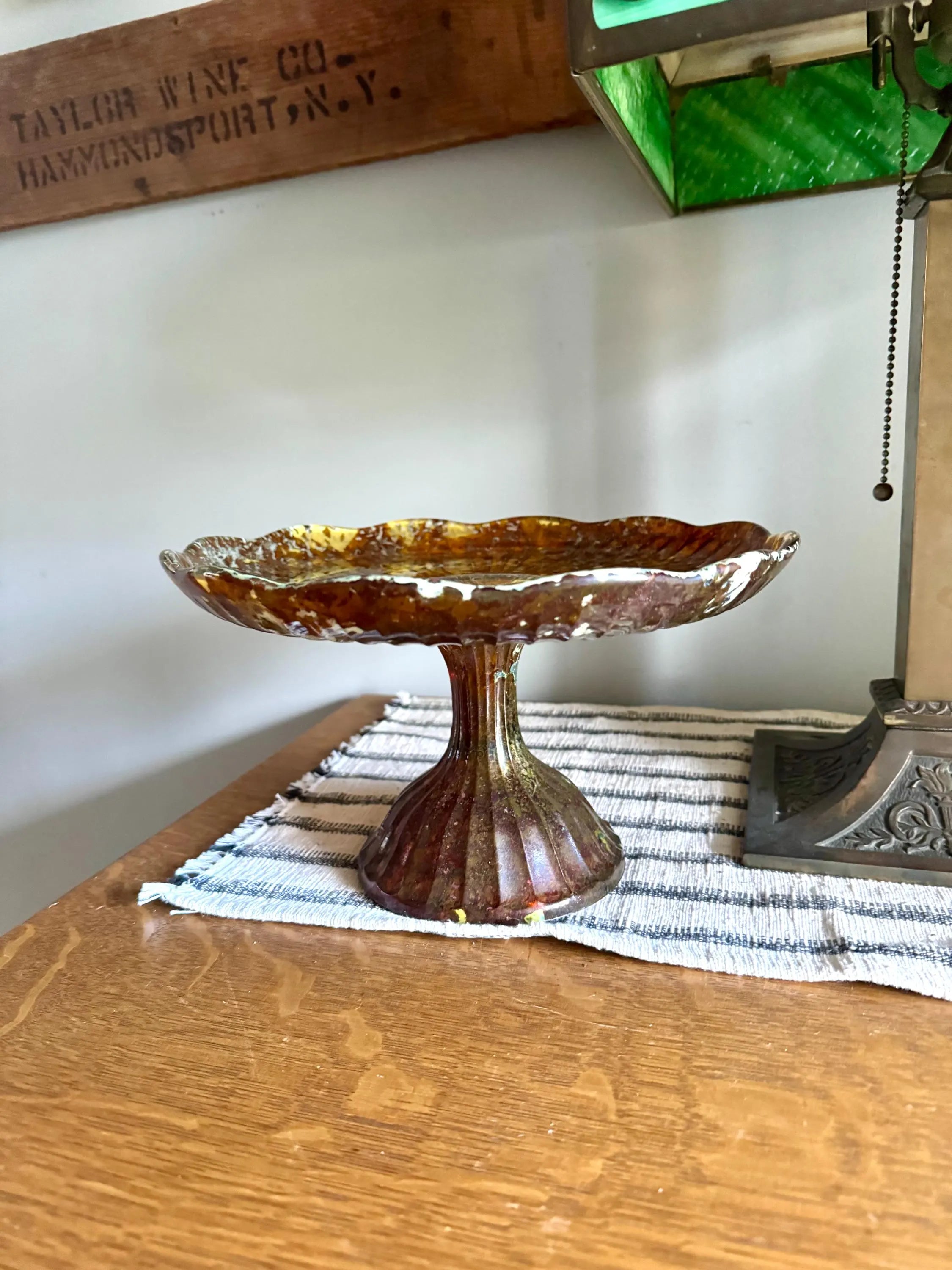 Vtg Polish Glass Cake Stand | Large Marbled Amber Glass Pedestal Cake Stand | Unique Amber Glass Cake Display | Made In Poland