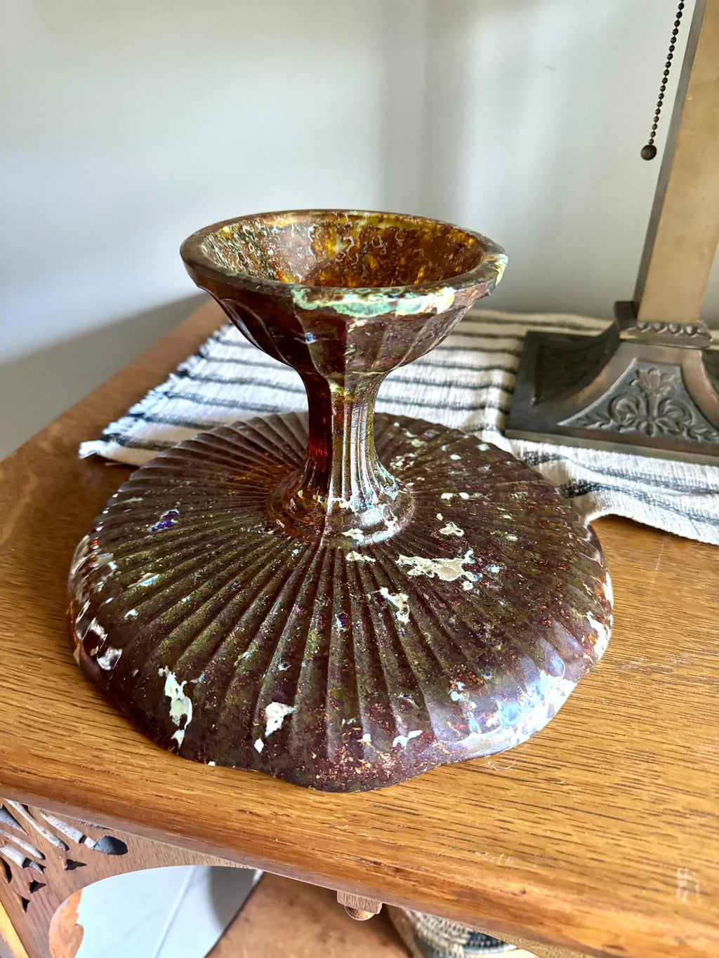 Vtg Polish Glass Cake Stand | Large Marbled Amber Glass Pedestal Cake Stand | Unique Amber Glass Cake Display | Made In Poland