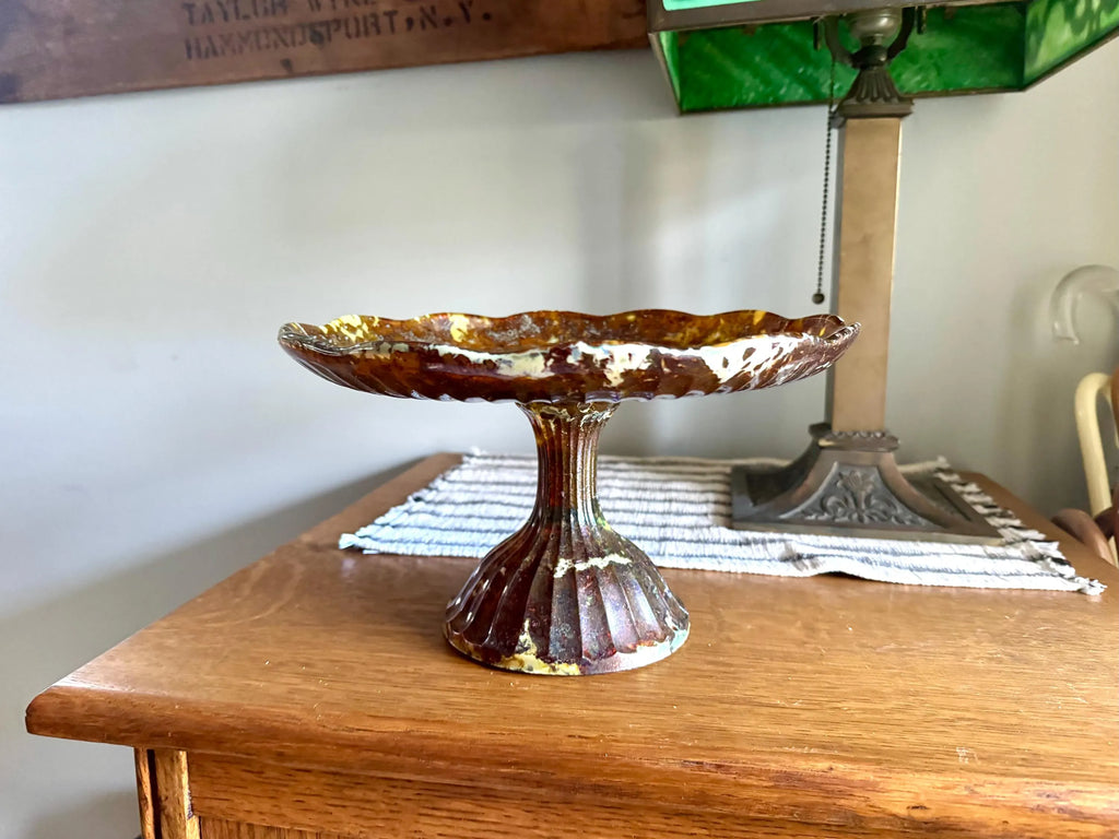 Vtg Polish Glass Cake Stand | Large Marbled Amber Glass Pedestal Cake Stand | Unique Amber Glass Cake Display | Made In Poland