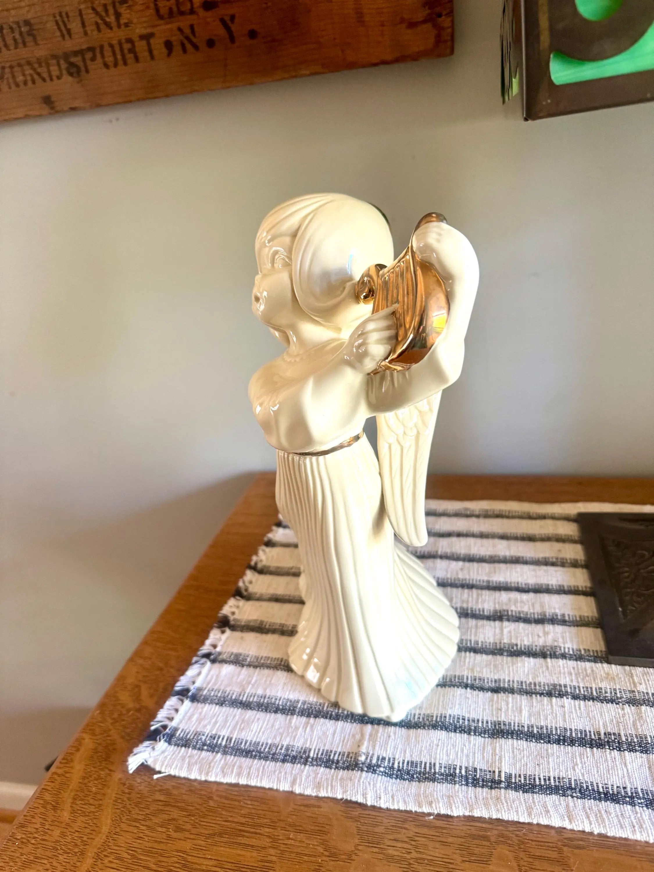 Vtg Large Angel With Harp Ceramic Figurine | White & Gold Atlantic Mold Ceramic Angle | Atlantic Mold Holiday Angel Figurine