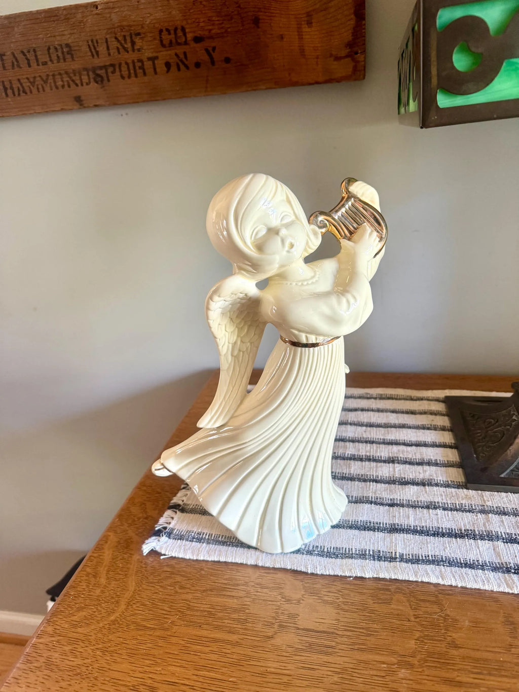 Vtg Large Angel With Harp Ceramic Figurine | White & Gold Atlantic Mold Ceramic Angle | Atlantic Mold Holiday Angel Figurine