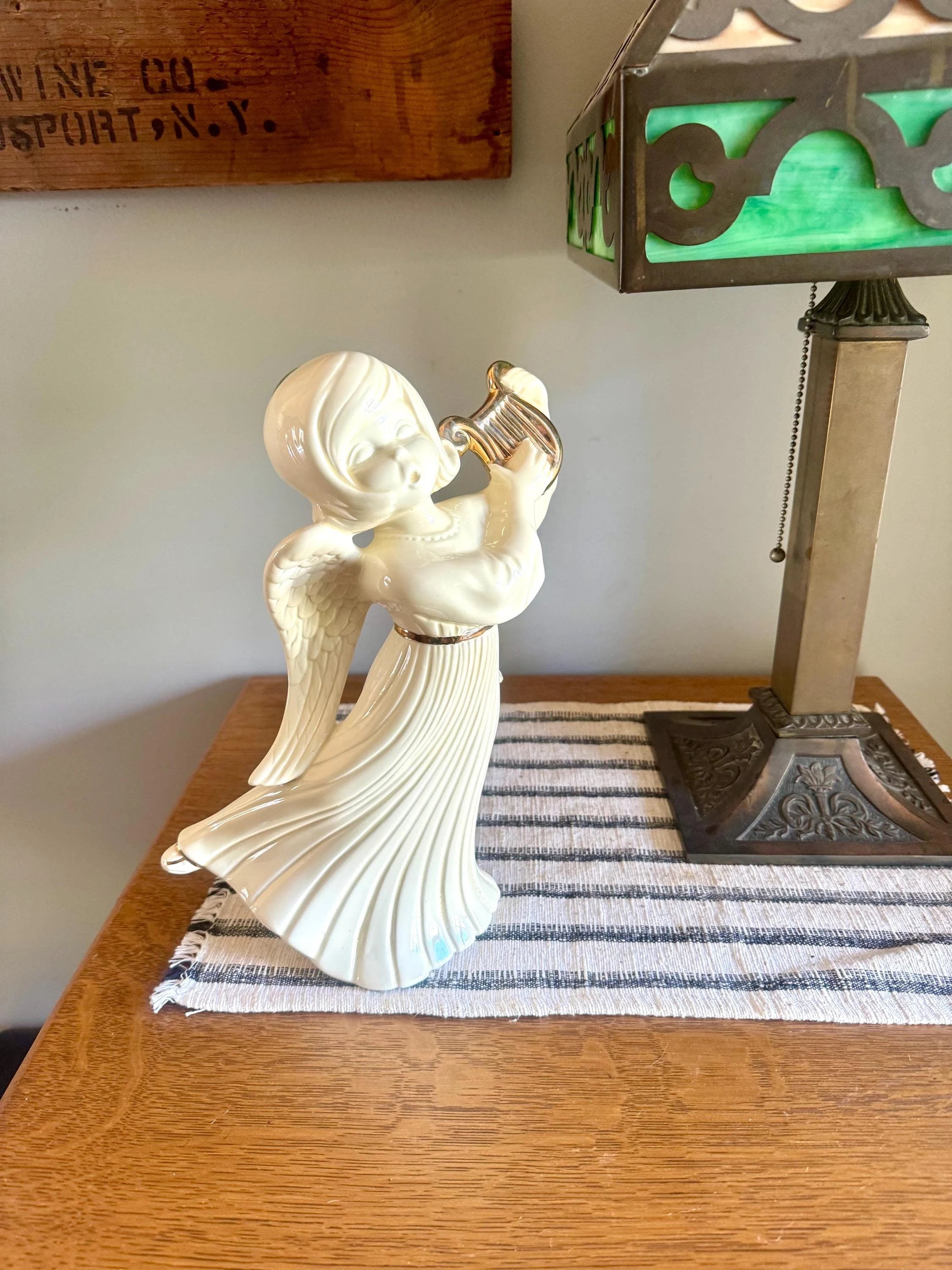 Vtg Large Angel With Harp Ceramic Figurine | White & Gold Atlantic Mold Ceramic Angle | Atlantic Mold Holiday Angel Figurine