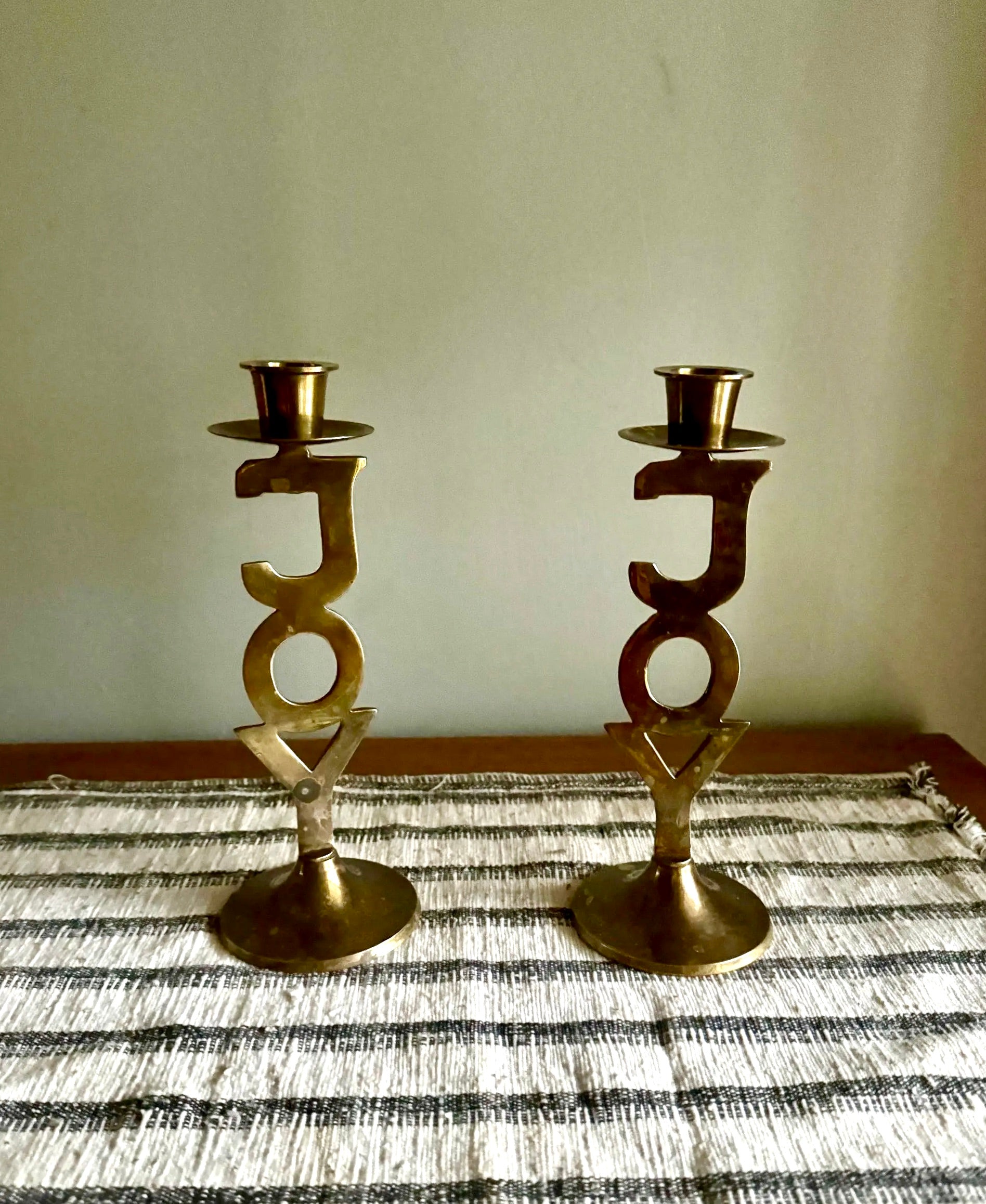 Vtg Pair of Brass "Joy" Holiday Candlestick Holders | International Silver Co. Solid Brass Candle Holders | Holiday Decor Candleholders