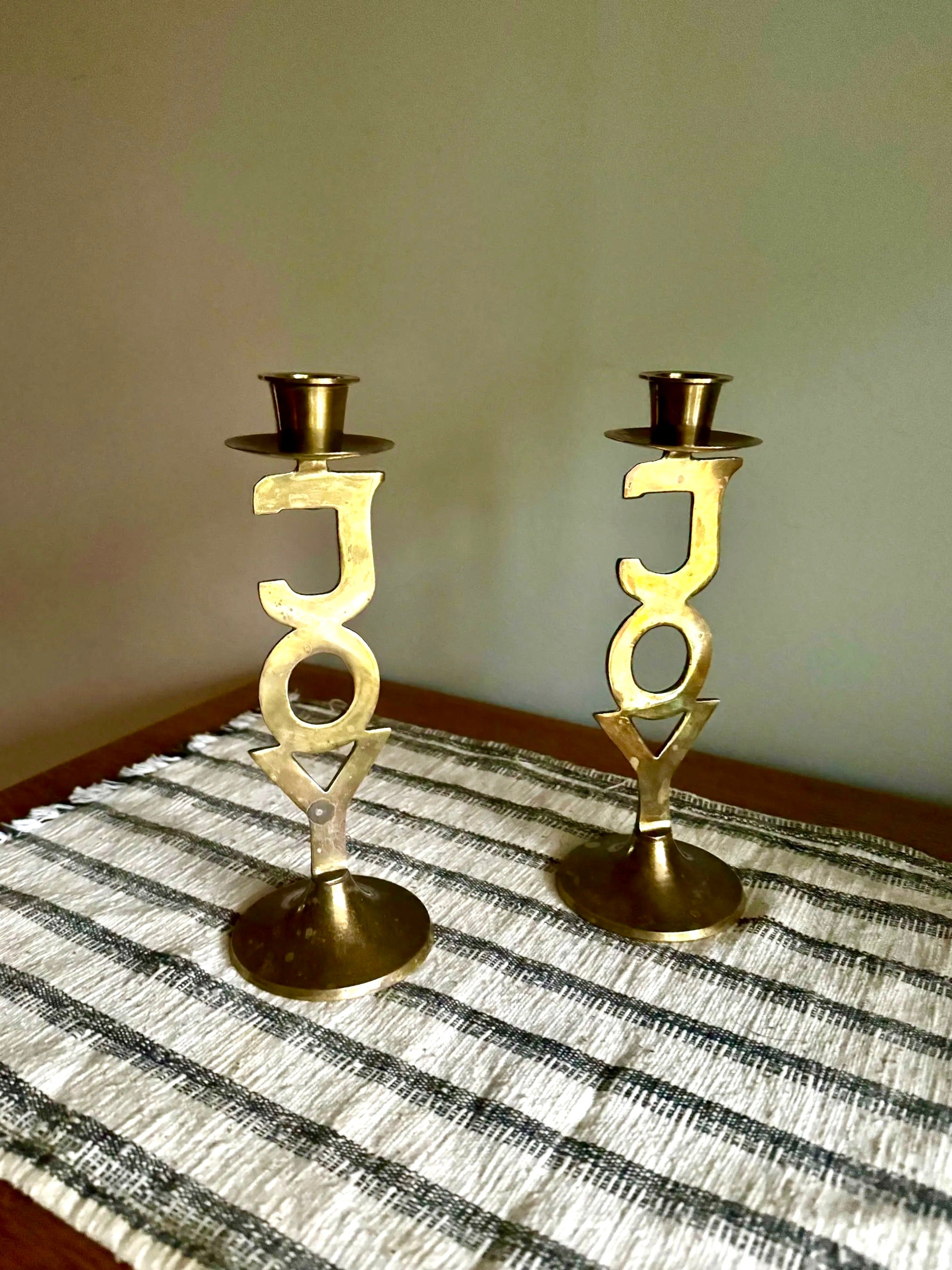 Vtg Pair of Brass "Joy" Holiday Candlestick Holders | International Silver Co. Solid Brass Candle Holders | Holiday Decor Candleholders