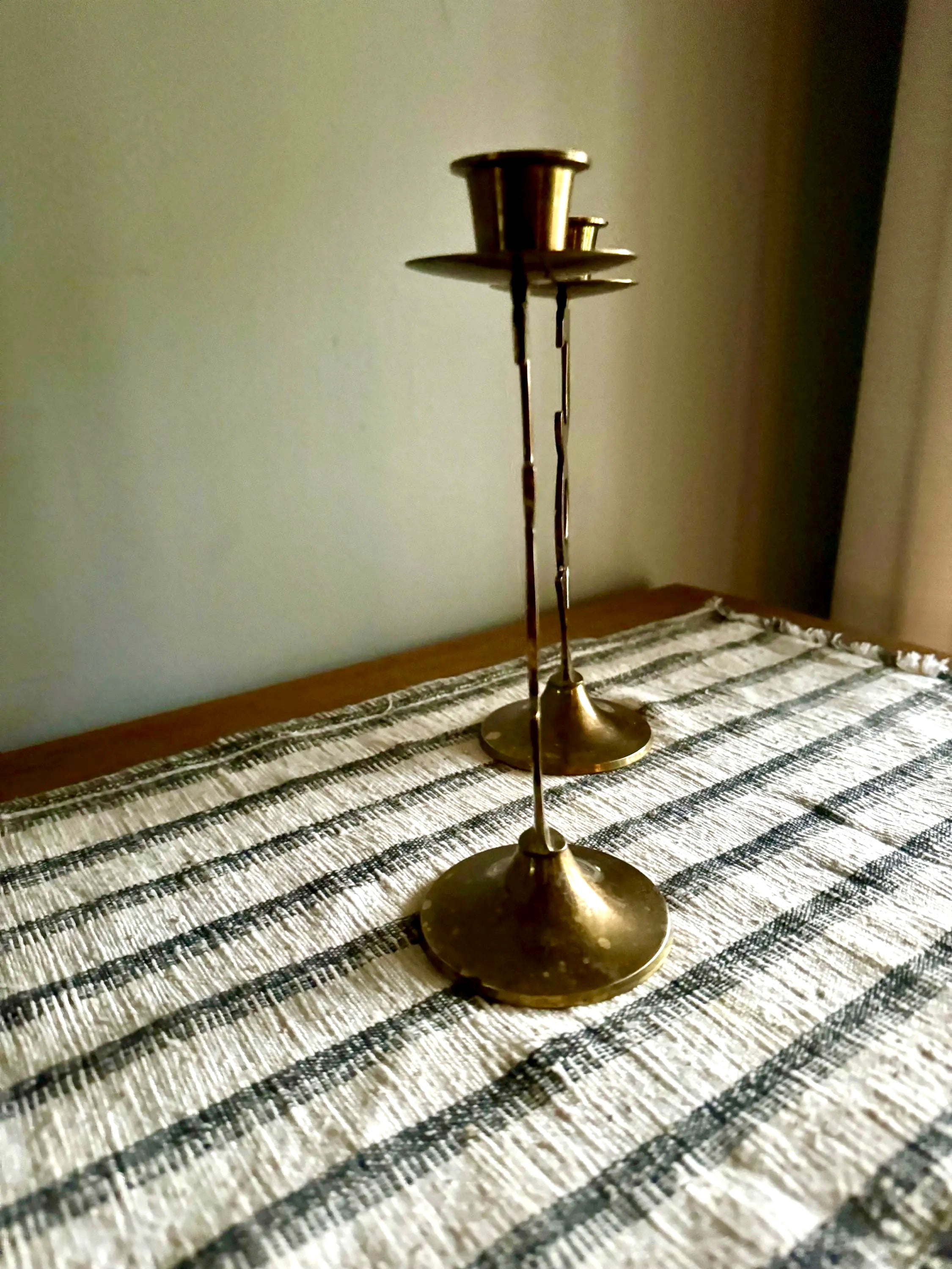 Vtg Pair of Brass "Joy" Holiday Candlestick Holders | International Silver Co. Solid Brass Candle Holders | Holiday Decor Candleholders