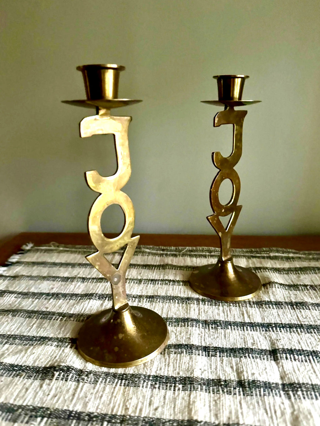 Vtg Pair of Brass "Joy" Holiday Candlestick Holders | International Silver Co. Solid Brass Candle Holders | Holiday Decor Candleholders