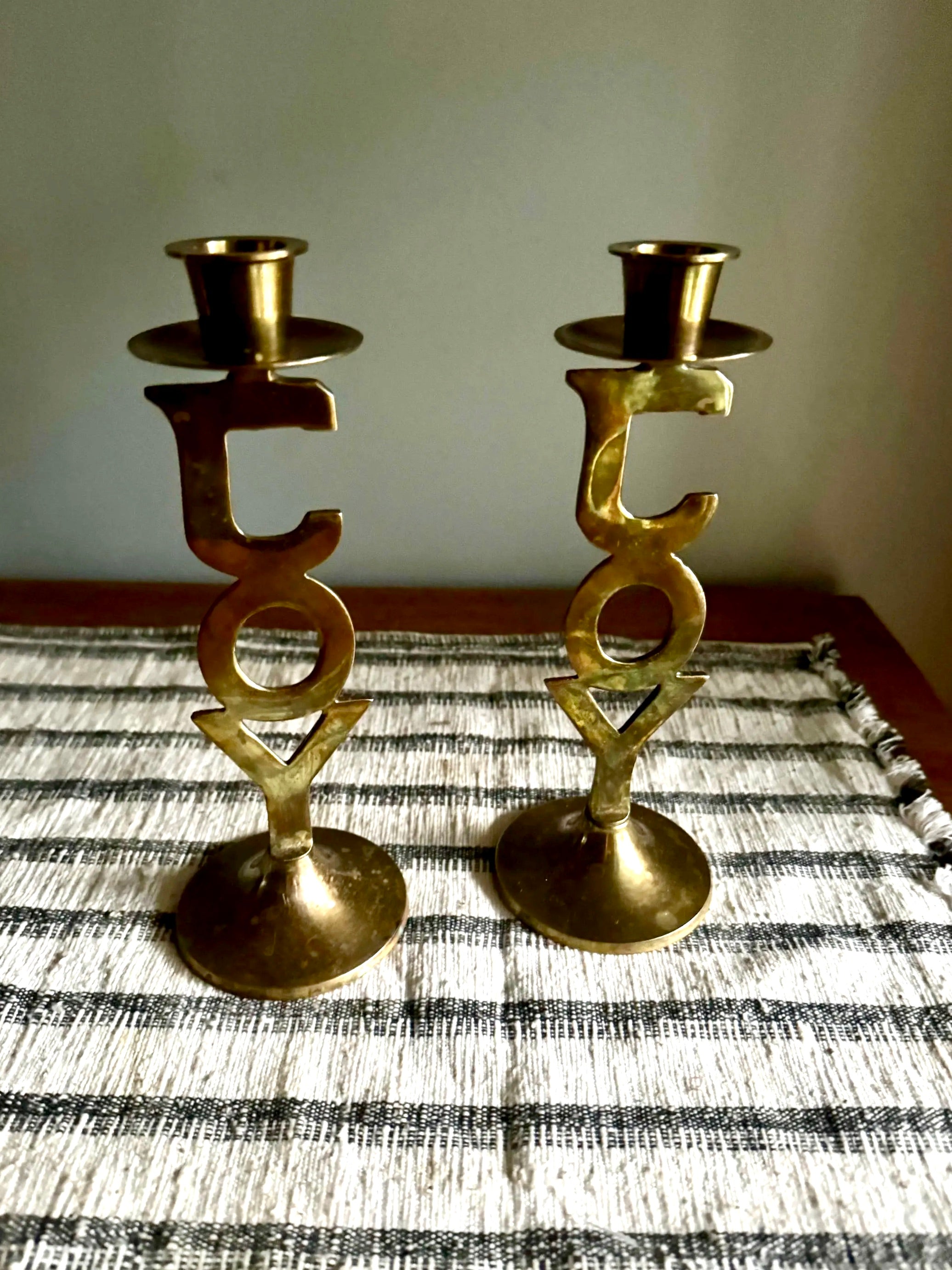 Vtg Pair of Brass "Joy" Holiday Candlestick Holders | International Silver Co. Solid Brass Candle Holders | Holiday Decor Candleholders