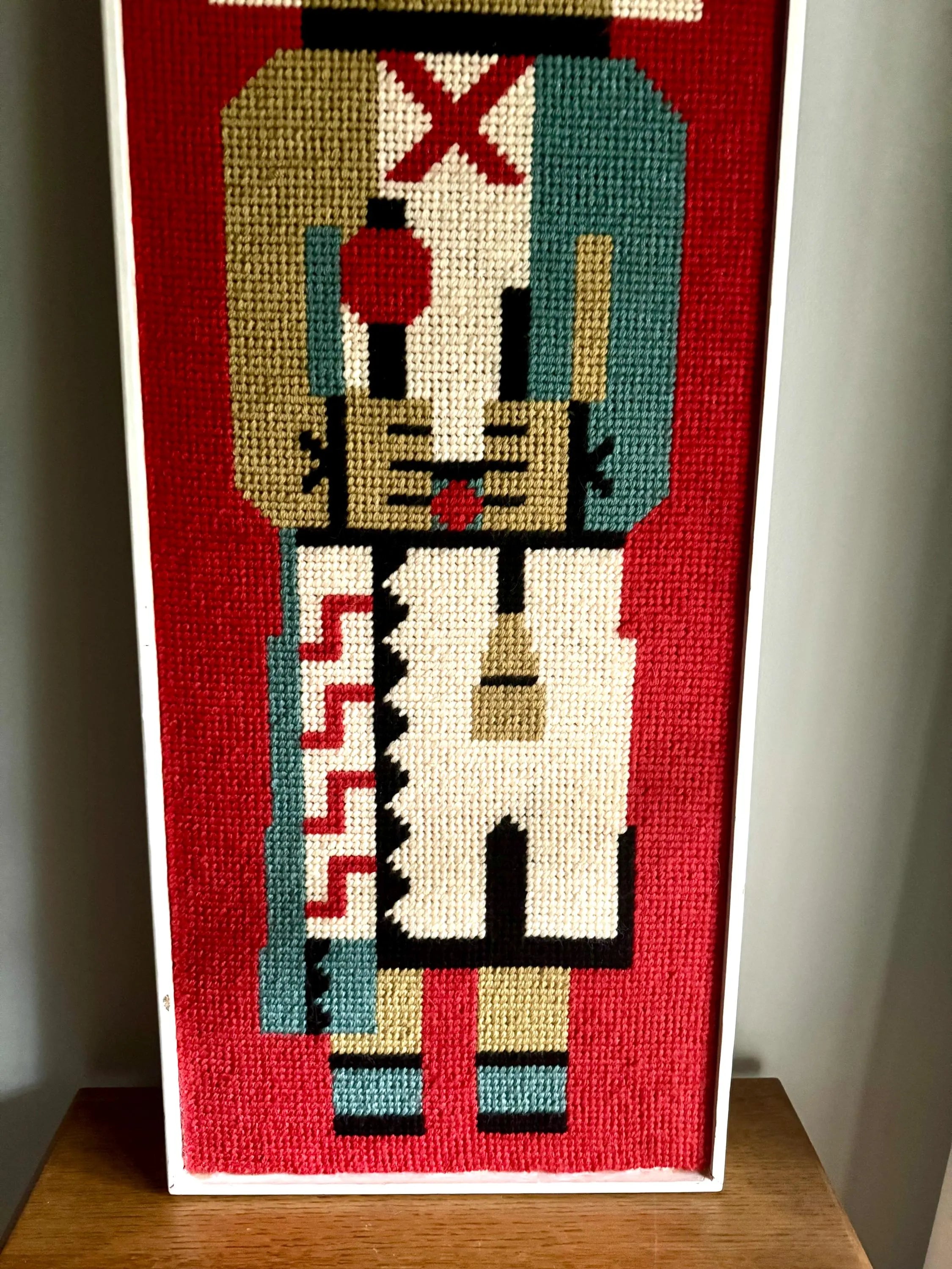 Vtg Framed Kachina Hook Rug | Native Kachina Rug In Frame | Pueblo Kachina Framed Hook Rug 42" x 15"