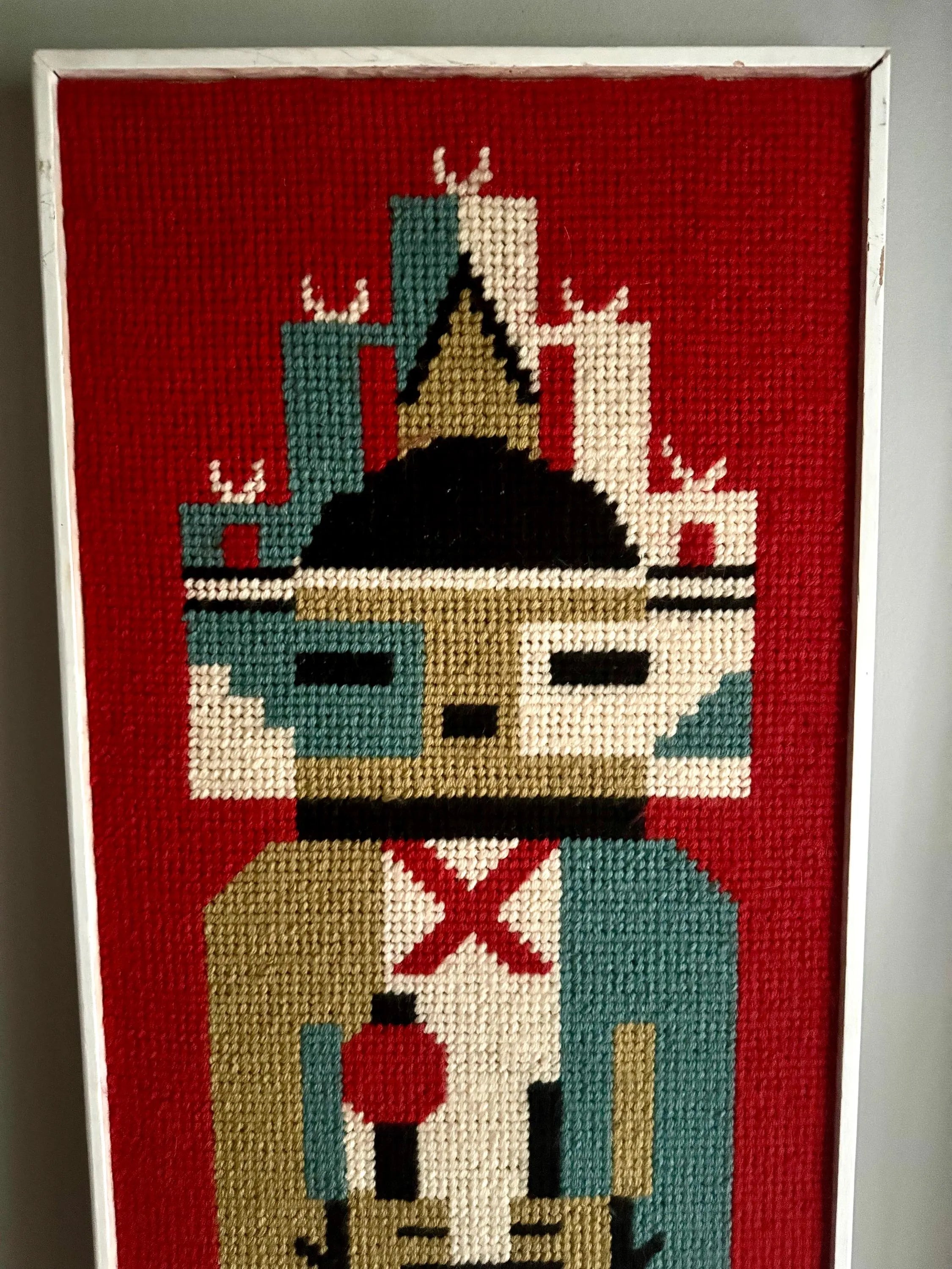 Vtg Framed Kachina Hook Rug | Native Kachina Rug In Frame | Pueblo Kachina Framed Hook Rug 42" x 15"