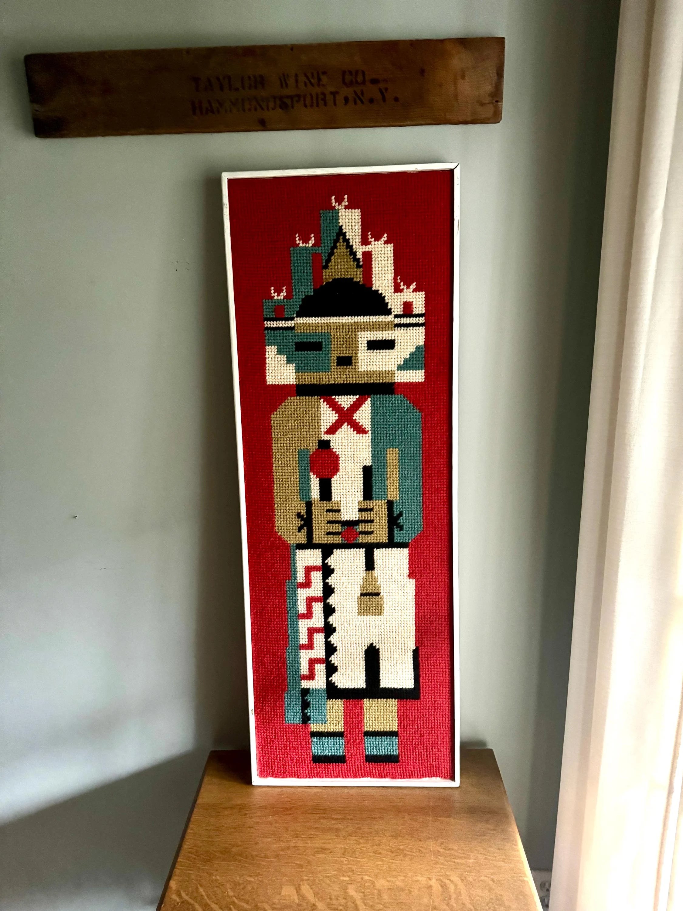 Vtg Framed Kachina Hook Rug | Native Kachina Rug In Frame | Pueblo Kachina Framed Hook Rug 42" x 15"