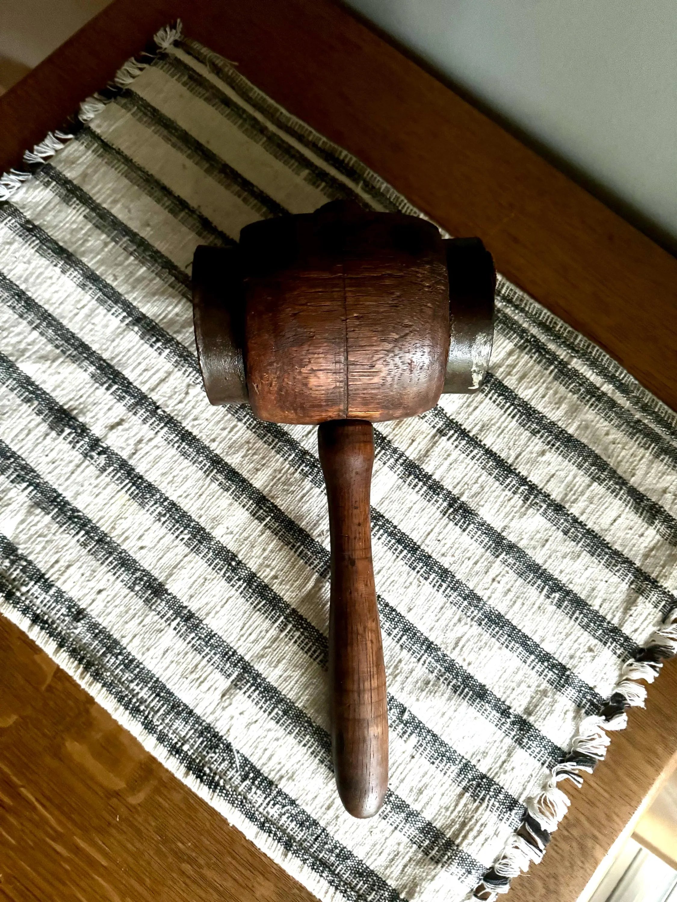 Vtg Iron Ring Wood Mallet | Hand Made Wooden Mallet | Decor Wooden Mallet | Wooden Industrial Hammer| Woodworkers Mallet | Sledge Hammer