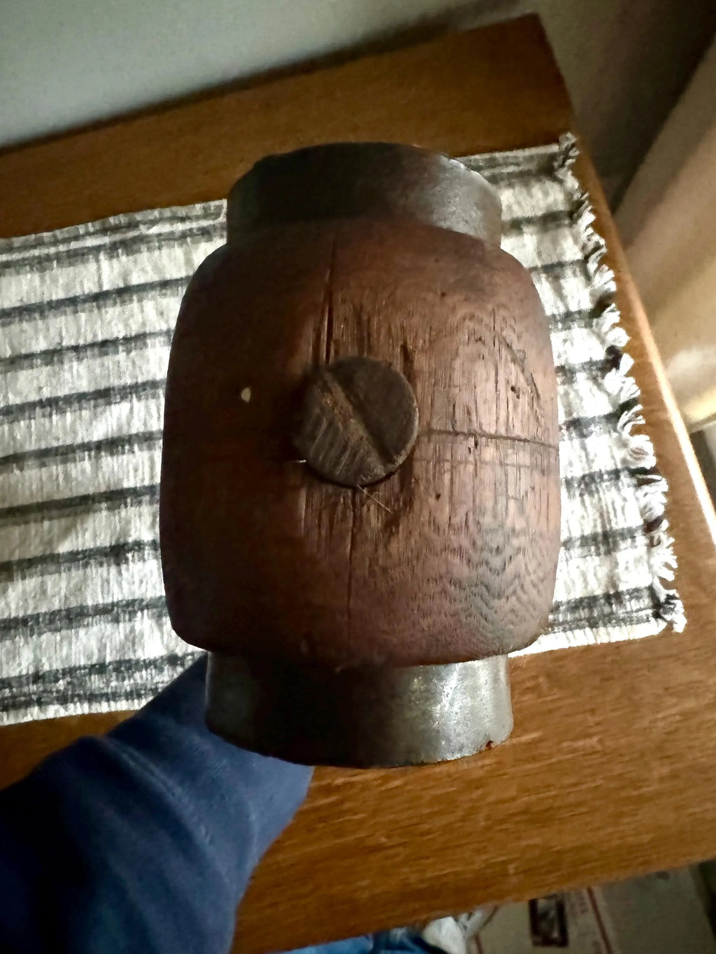 Vtg Iron Ring Wood Mallet | Hand Made Wooden Mallet | Decor Wooden Mallet | Wooden Industrial Hammer| Woodworkers Mallet | Sledge Hammer