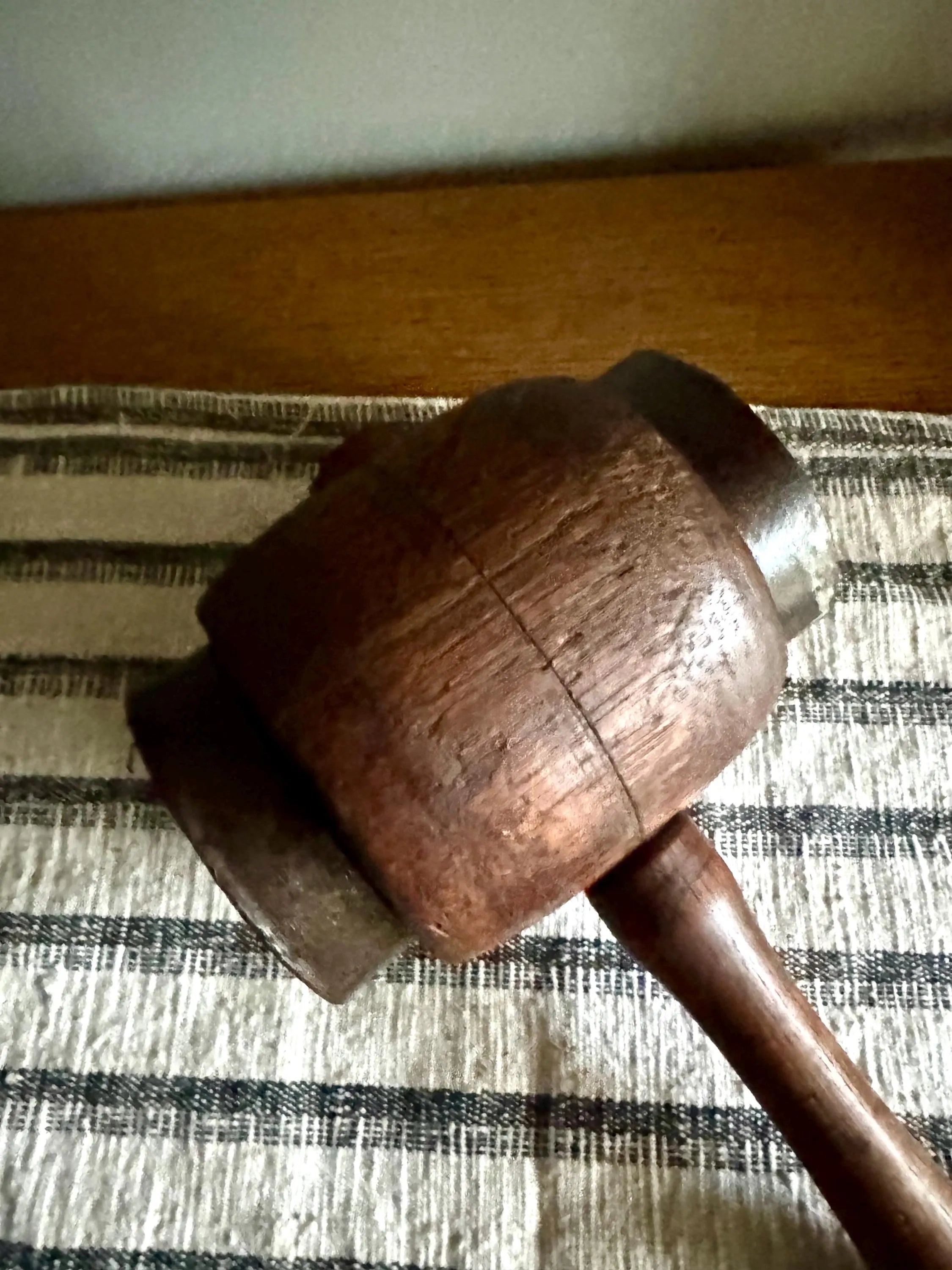 Vtg Iron Ring Wood Mallet | Hand Made Wooden Mallet | Decor Wooden Mallet | Wooden Industrial Hammer| Woodworkers Mallet | Sledge Hammer