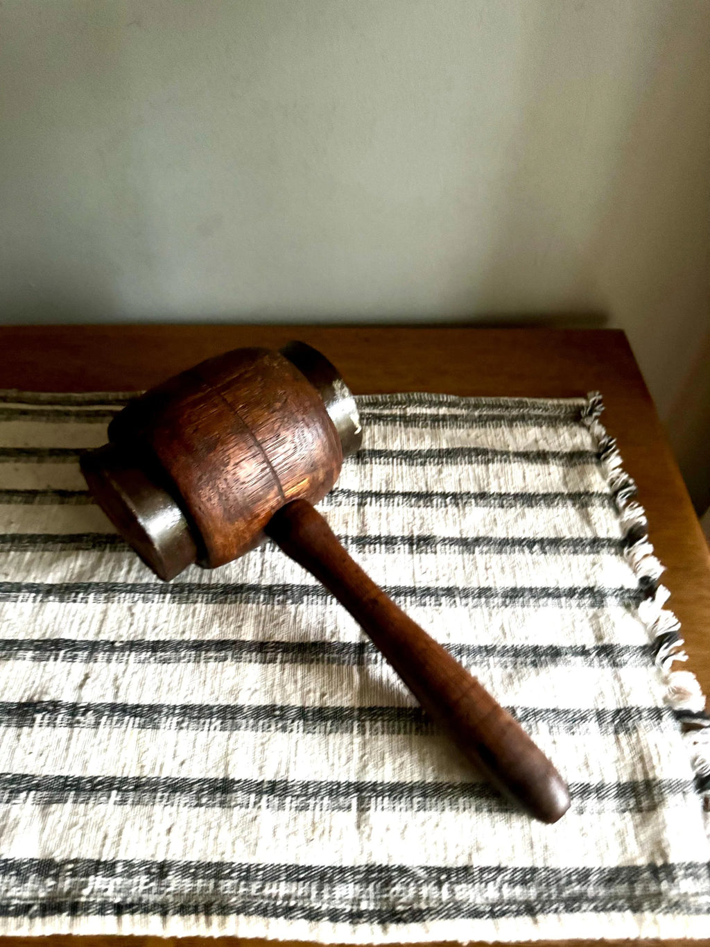 Vtg Iron Ring Wood Mallet | Hand Made Wooden Mallet | Decor Wooden Mallet | Wooden Industrial Hammer| Woodworkers Mallet | Sledge Hammer