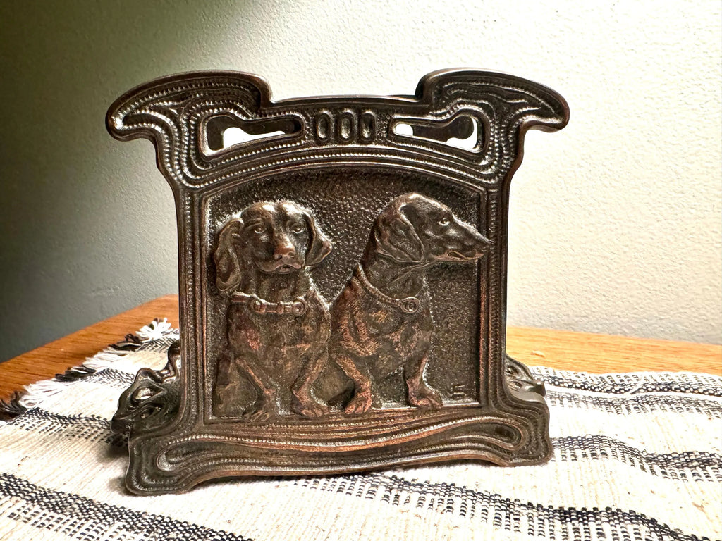 Vtg Bronze/Brass Dachshund Napkin Holder | CJO Judd Cast Iron Dachshund Letter Holder | Cast Iron Dachshund Puppy Napkin Holder 6652