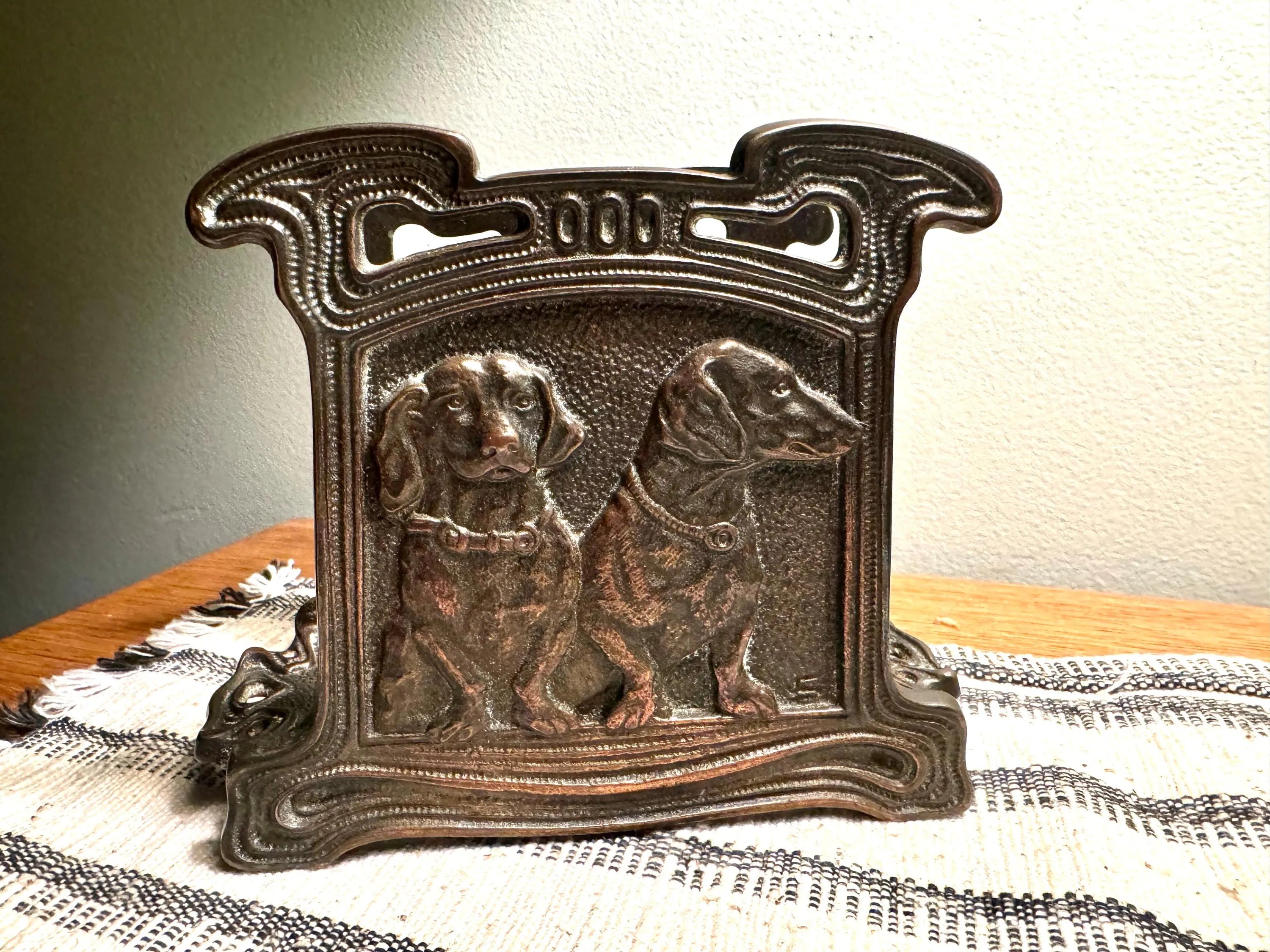 Vtg Bronze/Brass Dachshund Napkin Holder | CJO Judd Cast Iron Dachshund Letter Holder | Cast Iron Dachshund Puppy Napkin Holder 6652
