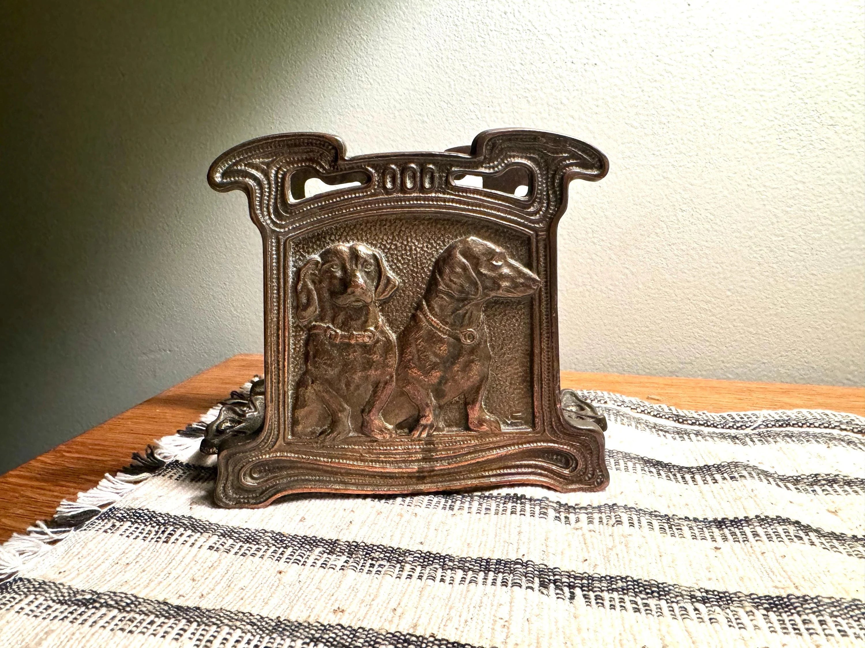 Vtg Bronze/Brass Dachshund Napkin Holder | CJO Judd Cast Iron Dachshund Letter Holder | Cast Iron Dachshund Puppy Napkin Holder 6652