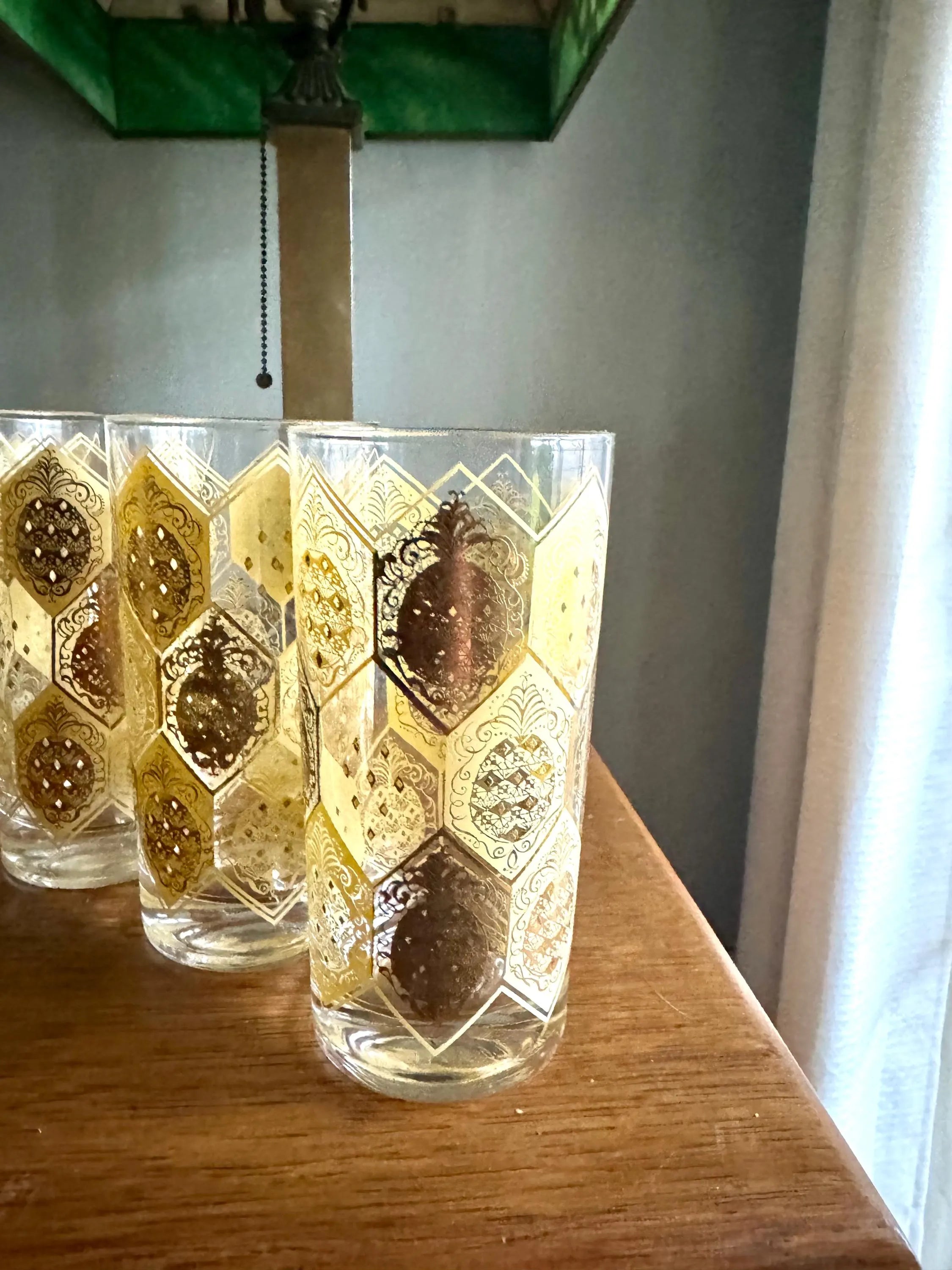 Vtg Set of 8 Cera Ned Harris Pineapple High Ball Glasses | Cera Glass 22k Gold Pineapple Glasses | Highball Ned Harris Pineapple Glasses