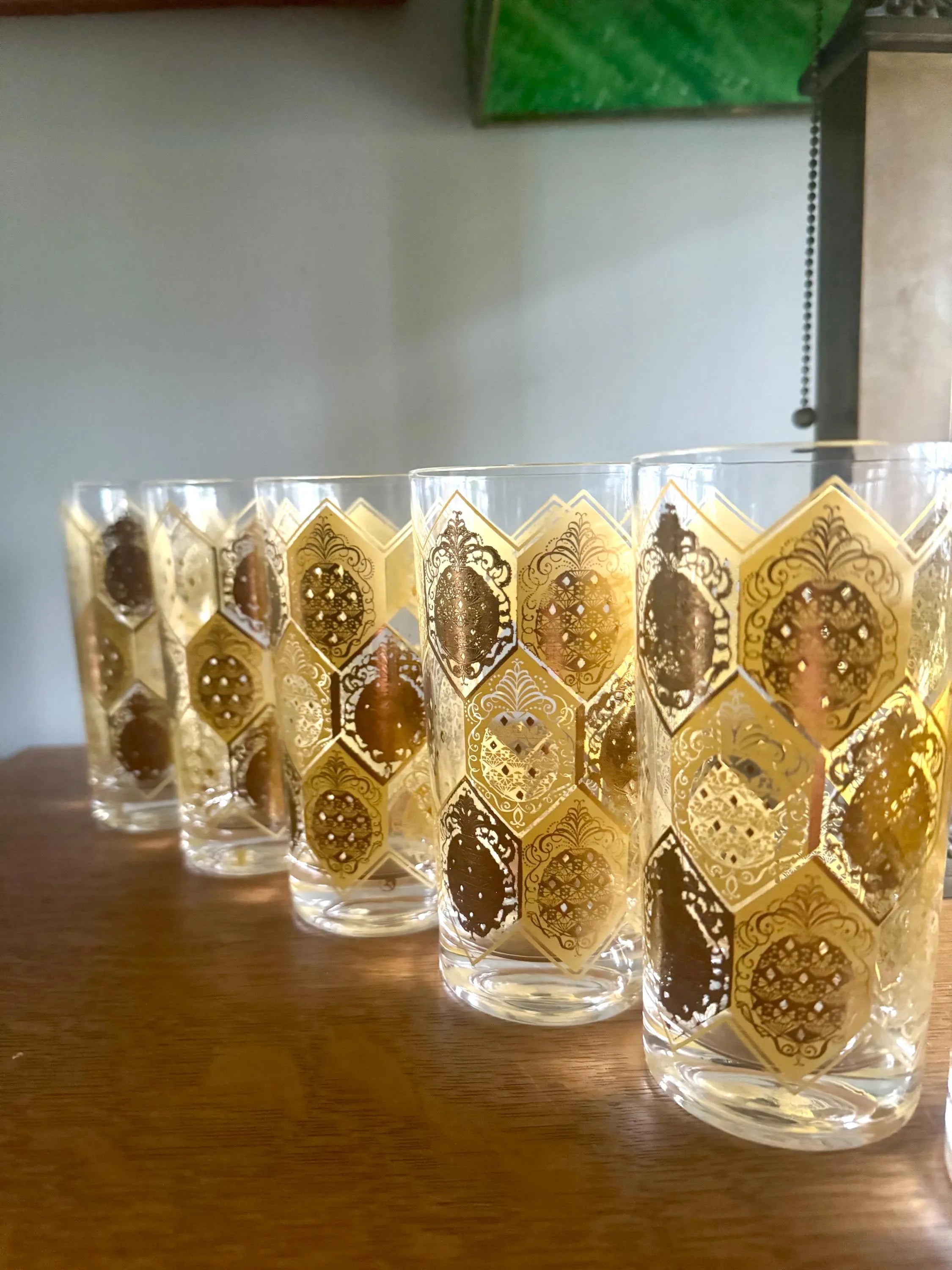 Vtg Set of 8 Cera Ned Harris Pineapple High Ball Glasses | Cera Glass 22k Gold Pineapple Glasses | Highball Ned Harris Pineapple Glasses