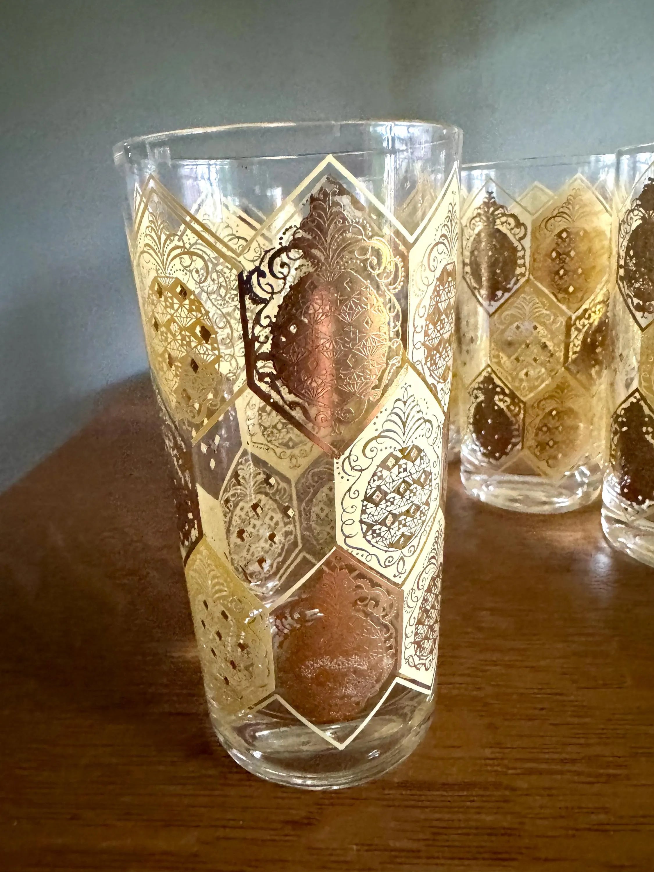 Vtg Set of 8 Cera Ned Harris Pineapple High Ball Glasses | Cera Glass 22k Gold Pineapple Glasses | Highball Ned Harris Pineapple Glasses