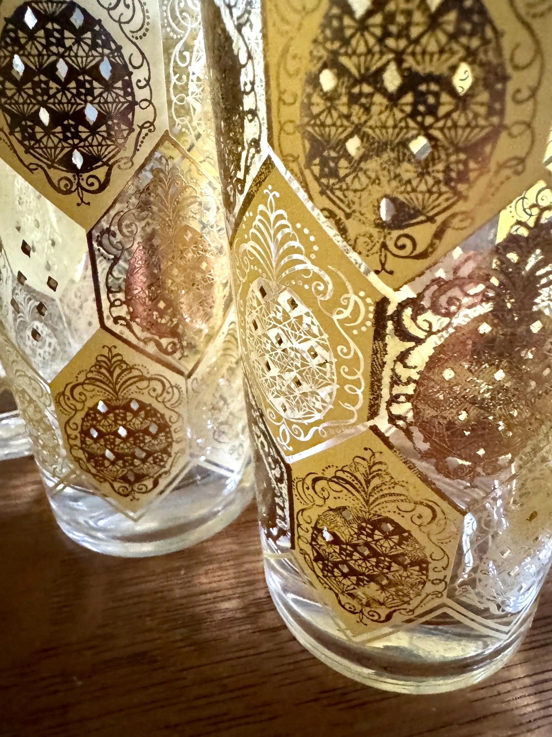 Vtg Set of 8 Cera Ned Harris Pineapple High Ball Glasses | Cera Glass 22k Gold Pineapple Glasses | Highball Ned Harris Pineapple Glasses