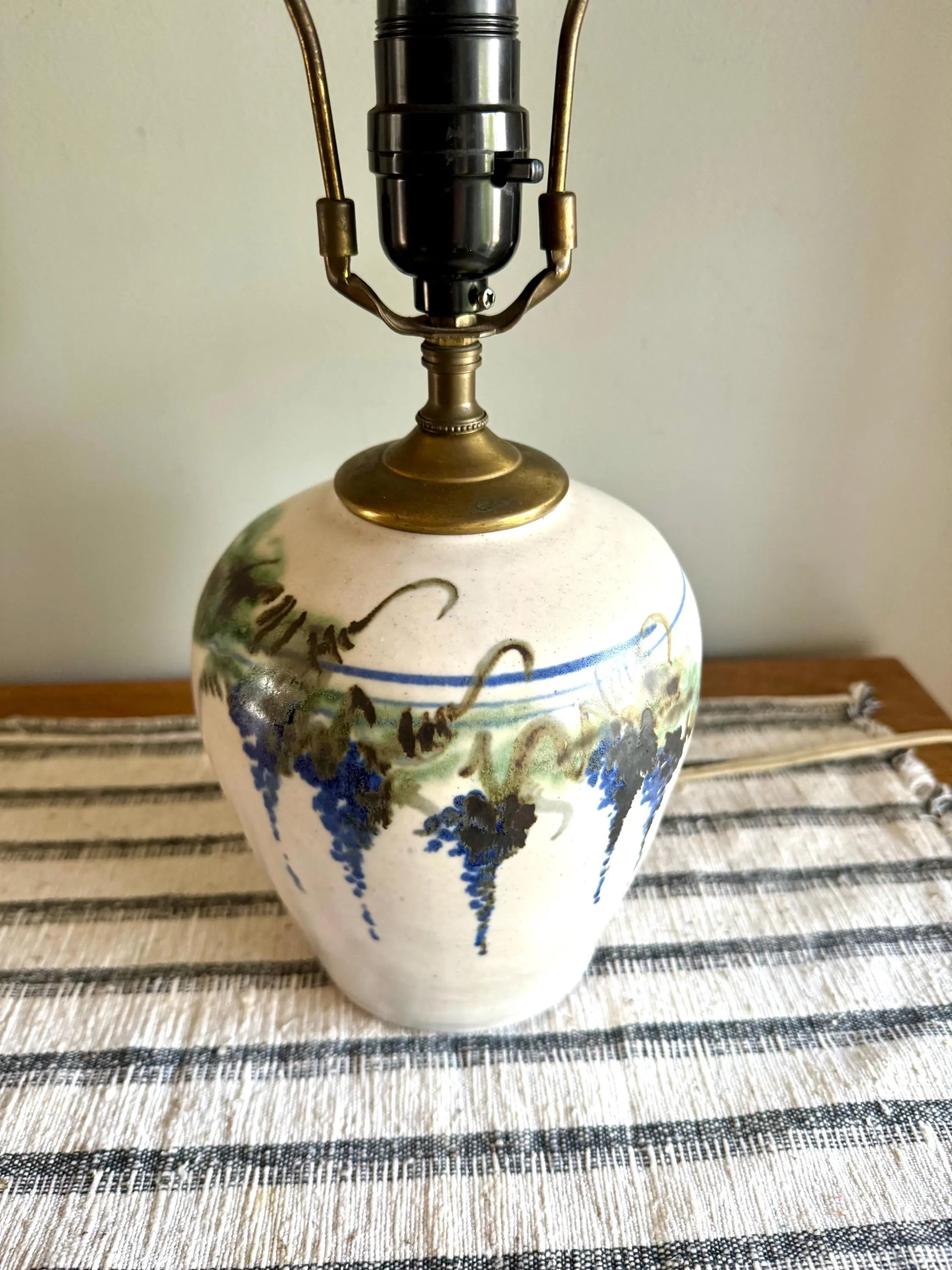 Vtg Grape Vineyard Glazed Pottery Lamp | Small Signed Studio Pottery Ceramic  Lamp | Hand Painted Grape Design Ceramic Lamp