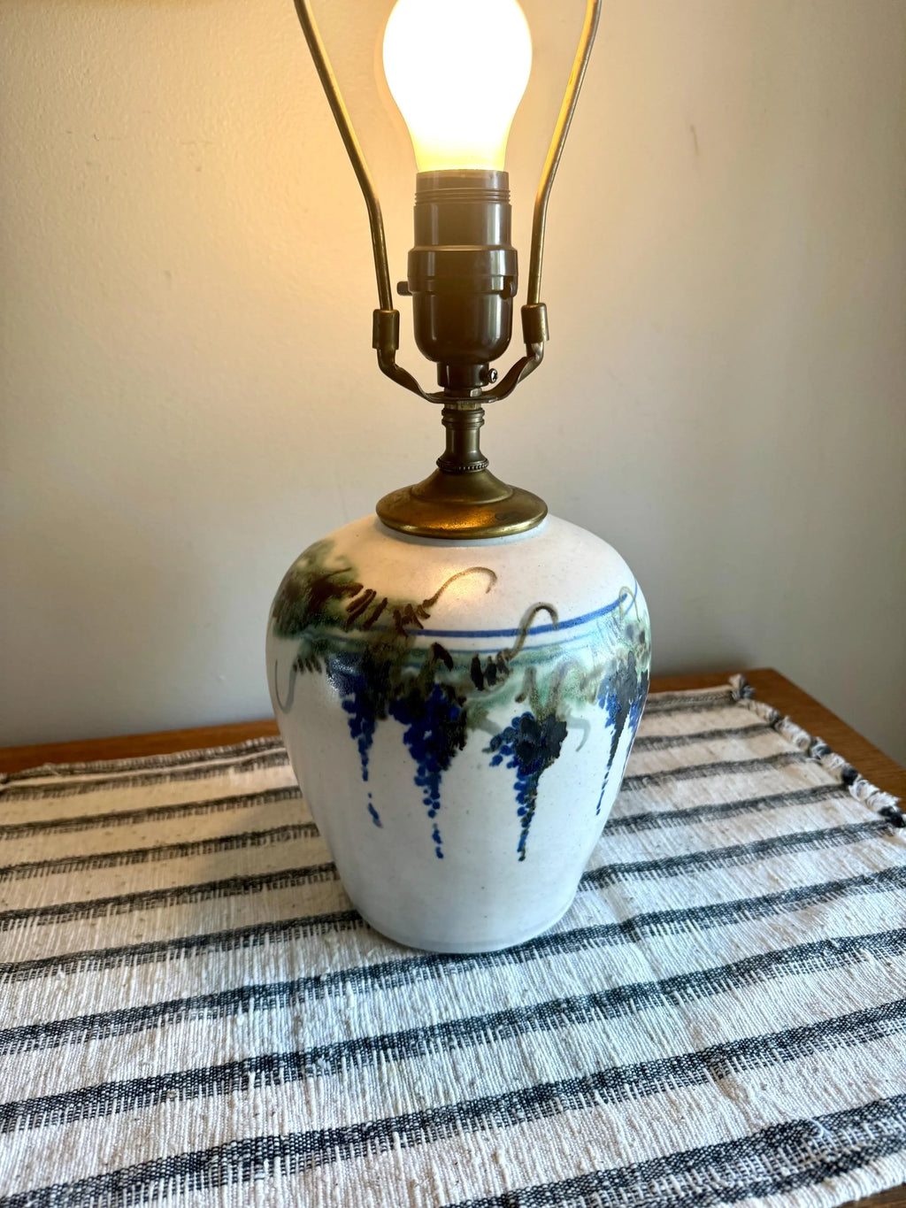 Vtg Grape Vineyard Glazed Pottery Lamp | Small Signed Studio Pottery Ceramic  Lamp | Hand Painted Grape Design Ceramic Lamp
