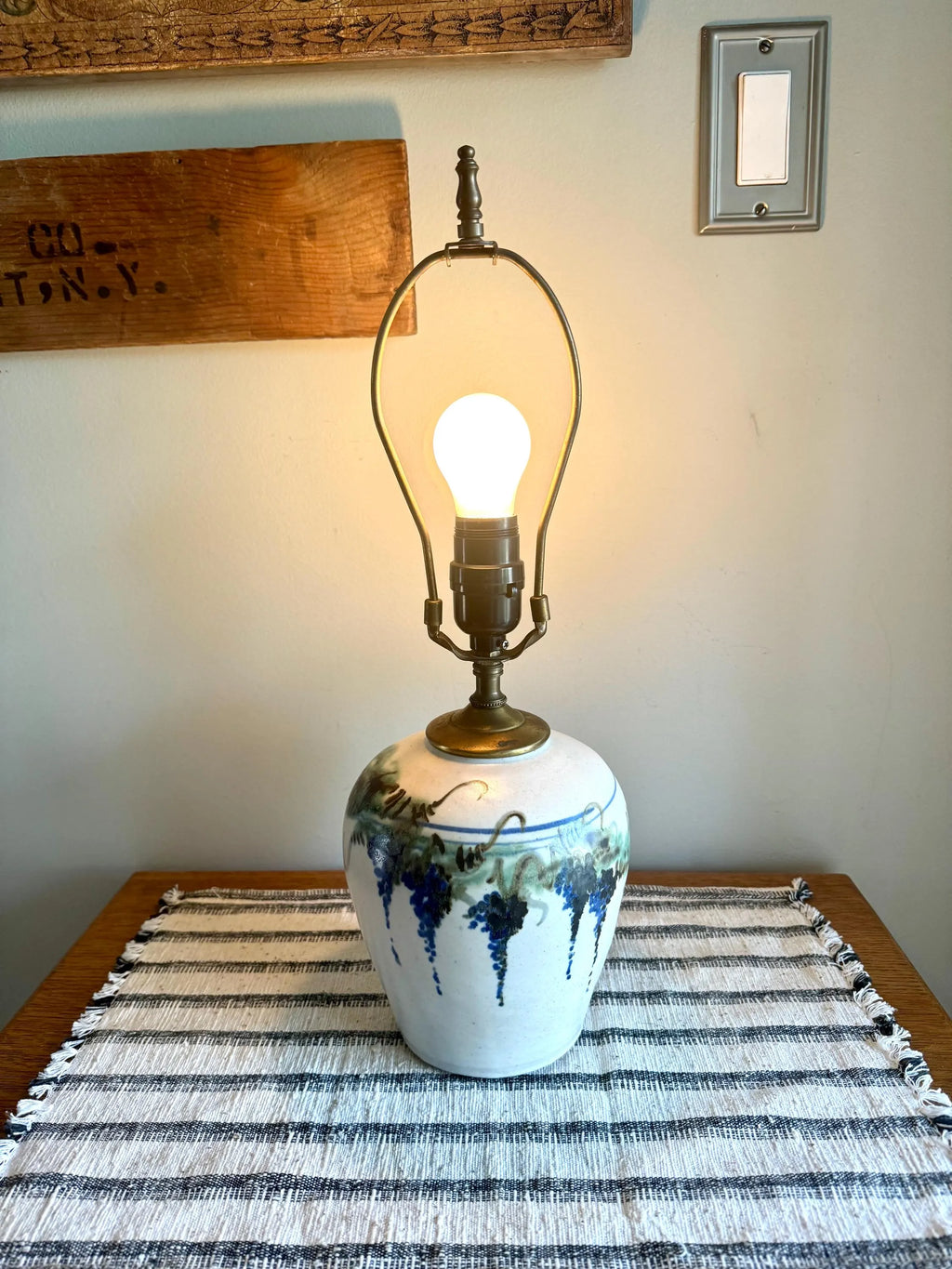 Vtg Grape Vineyard Glazed Pottery Lamp | Small Signed Studio Pottery Ceramic  Lamp | Hand Painted Grape Design Ceramic Lamp