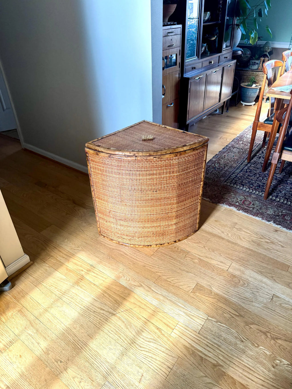 Vtg Large Rattan Corner Hamper | Coastal Woven Rattan Corner Hamper Basket with Linen Liner | Wicker and Bamboo Corner Hamper