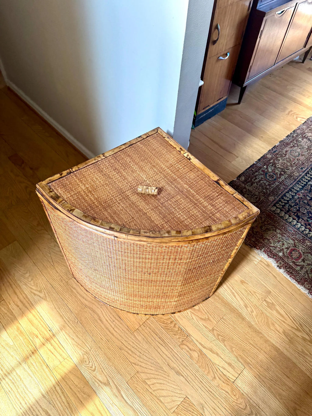 Vtg Large Rattan Corner Hamper | Coastal Woven Rattan Corner Hamper Basket with Linen Liner | Wicker and Bamboo Corner Hamper