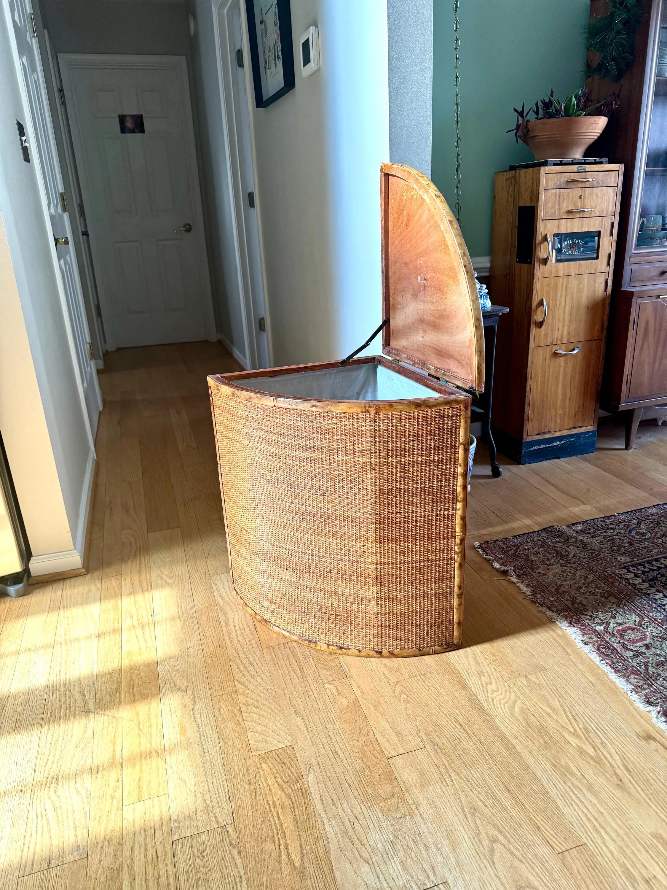 Vtg Large Rattan Corner Hamper | Coastal Woven Rattan Corner Hamper Basket with Linen Liner | Wicker and Bamboo Corner Hamper