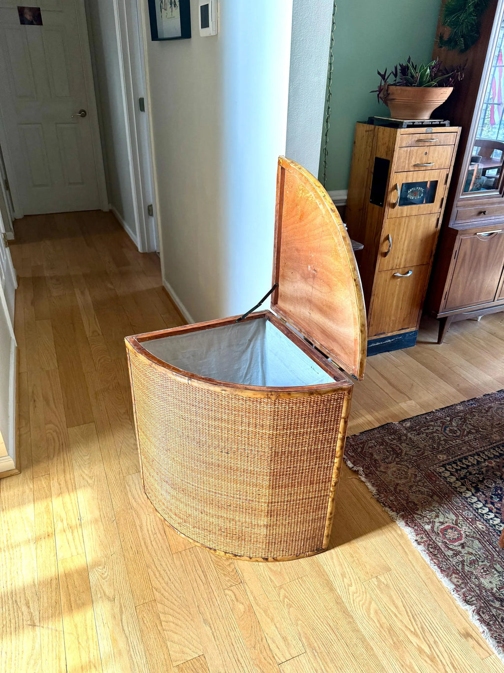 Vtg Large Rattan Corner Hamper | Coastal Woven Rattan Corner Hamper Basket with Linen Liner | Wicker and Bamboo Corner Hamper