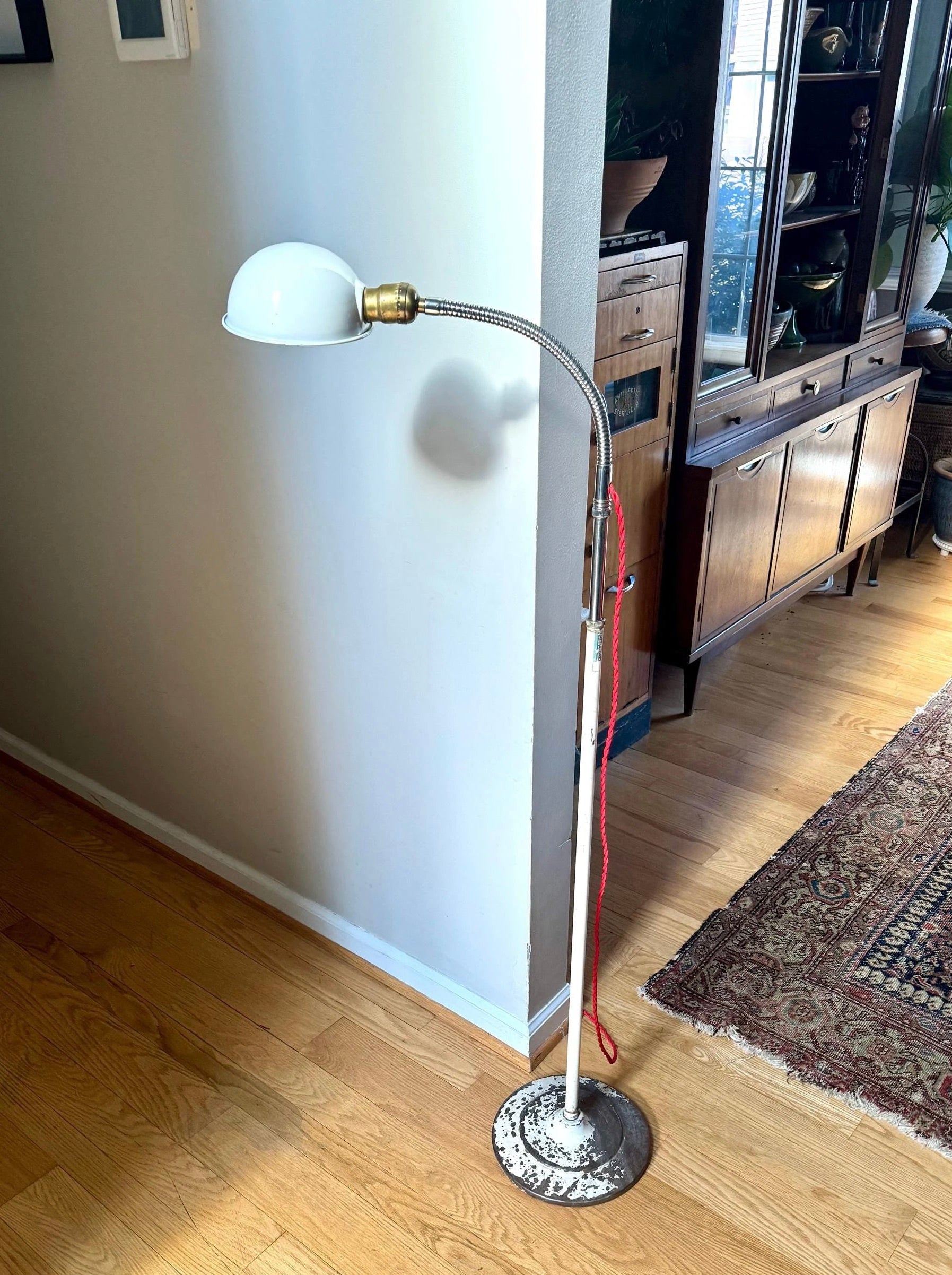Vtg Distressed A.S. Aloe Co. Gooseneck Floor Lamp | White and Chrome Gooseneck Floor Lamp| Medical Light | Rewired Industrial Floor Lamp