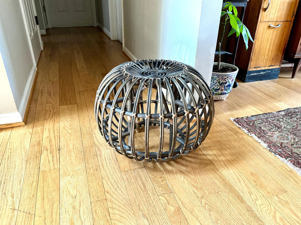 Vintage Franco Albini Style Wicker Ottoman | Albini Style Rattan End Table | MCM Boho Rattan Ottoman | Stained Bamboo Round End Table