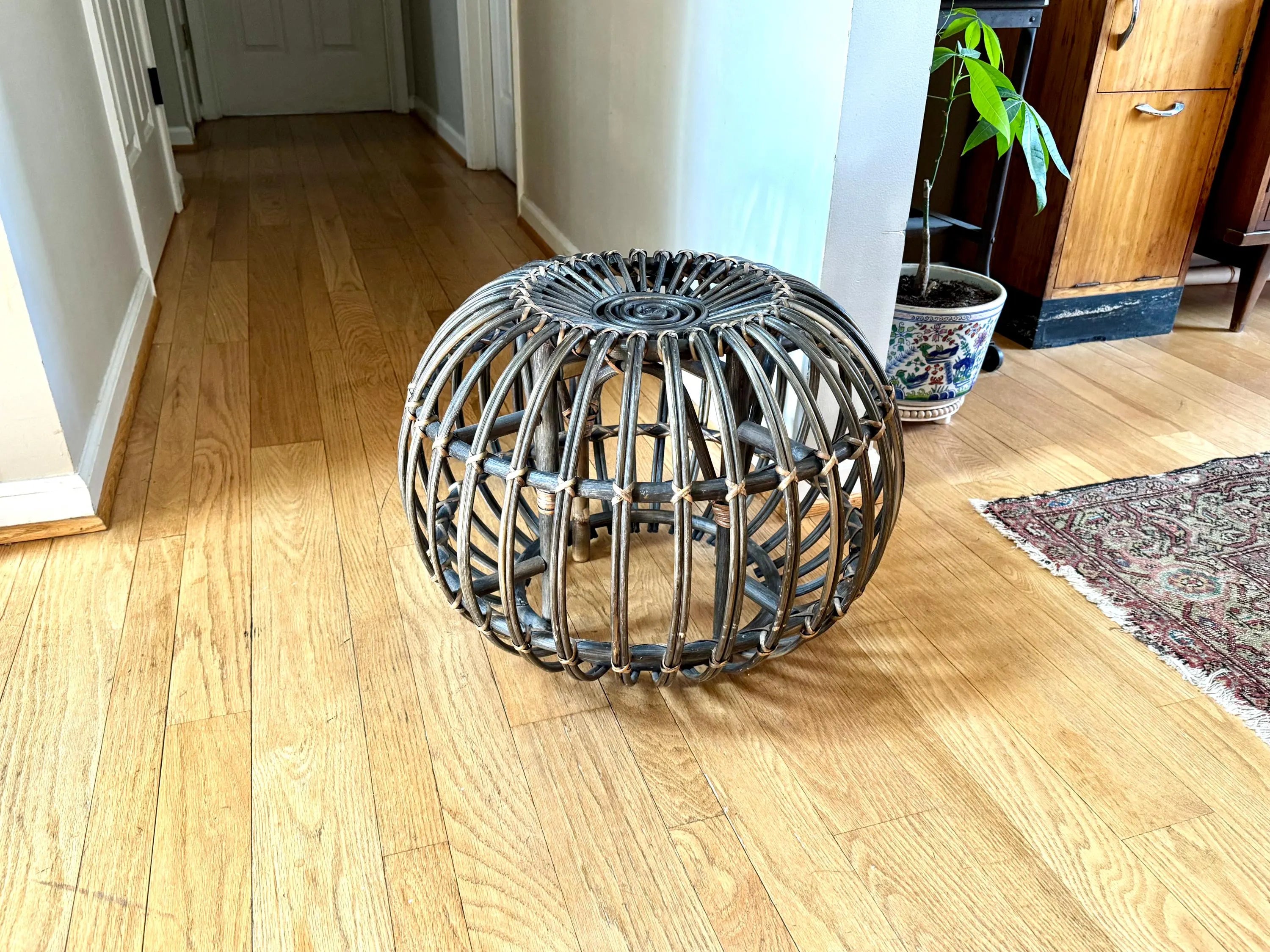 Vintage Franco Albini Style Wicker Ottoman | Albini Style Rattan End Table | MCM Boho Rattan Ottoman | Stained Bamboo Round End Table