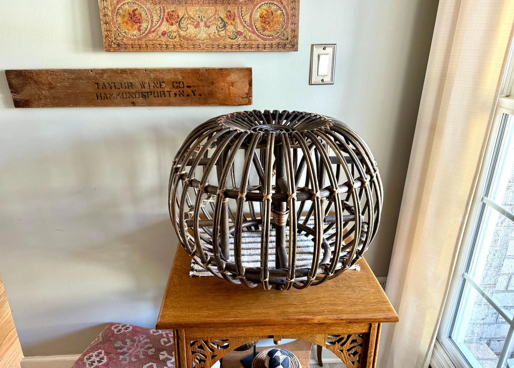 Vintage Franco Albini Style Wicker Ottoman | Albini Style Rattan End Table | MCM Boho Rattan Ottoman | Stained Bamboo Round End Table