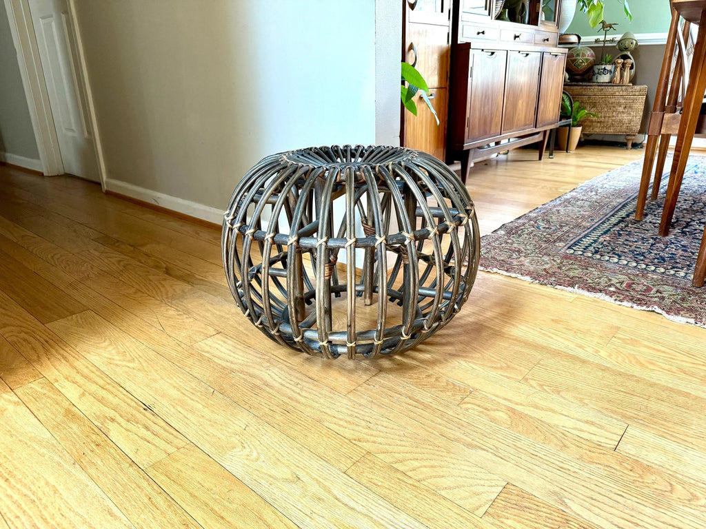 Vintage Franco Albini Style Wicker Ottoman | Albini Style Rattan End Table | MCM Boho Rattan Ottoman | Stained Bamboo Round End Table