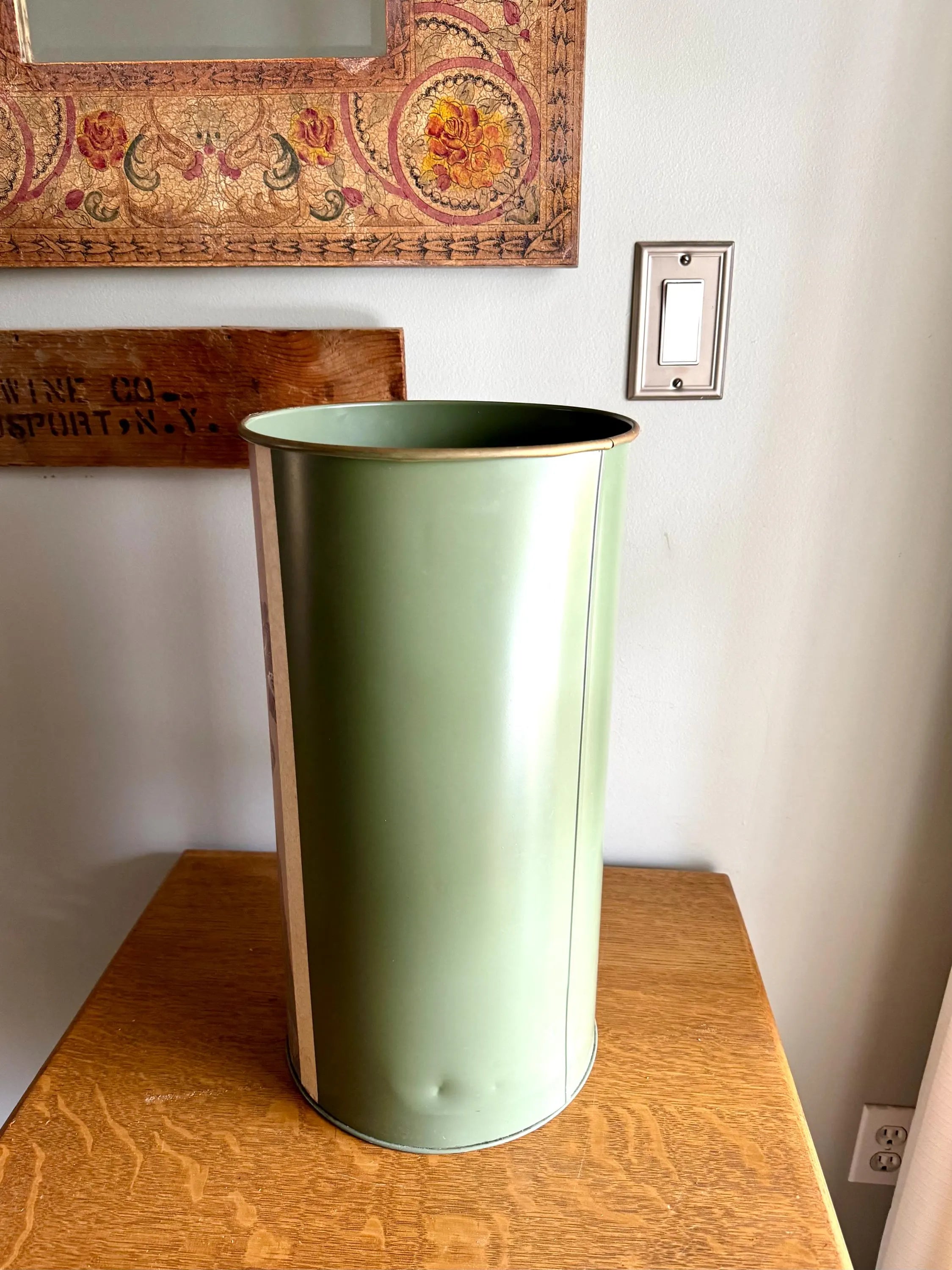 A Vintage Metal Trash Can With Asian Design | Green and Pink Charles Keller Asian Floral Trash Bin | Asian Metal Umbrella Stand